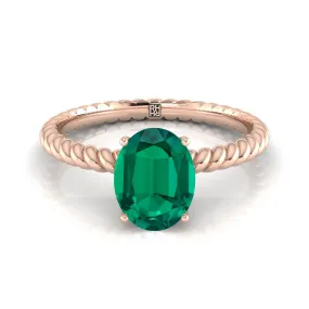14K Rose Gold Oval Emerald Twisted Rope Solitaire With Surprize Diamond Engagement Ring