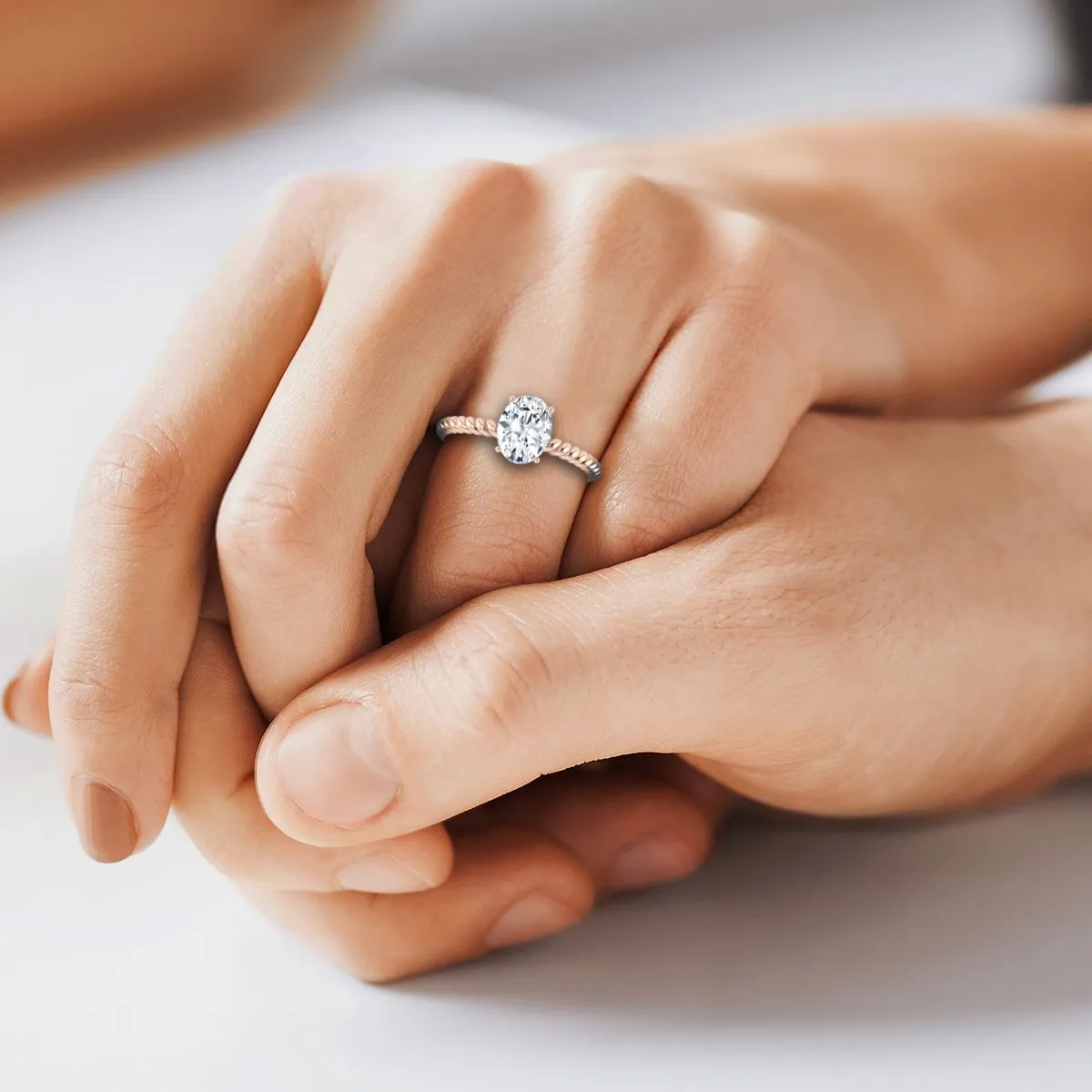 14K Rose Gold Oval Emerald Twisted Rope Solitaire With Surprize Diamond Engagement Ring