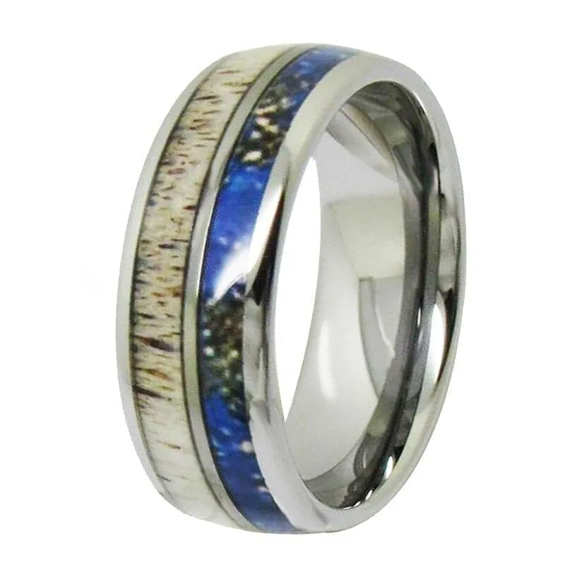 8 & 5mm Deer Antler Inlay and Silver Domed Tungsten Wedding Rings