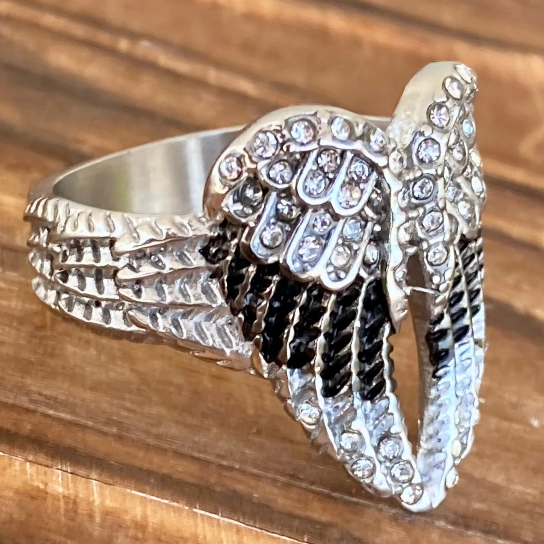 Angel Heart Wing Ring - Black w/White Stones - R245