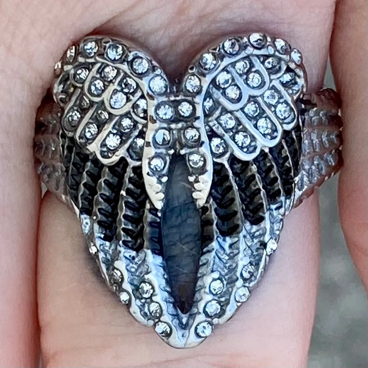 Angel Heart Wing Ring - Black w/White Stones - R245