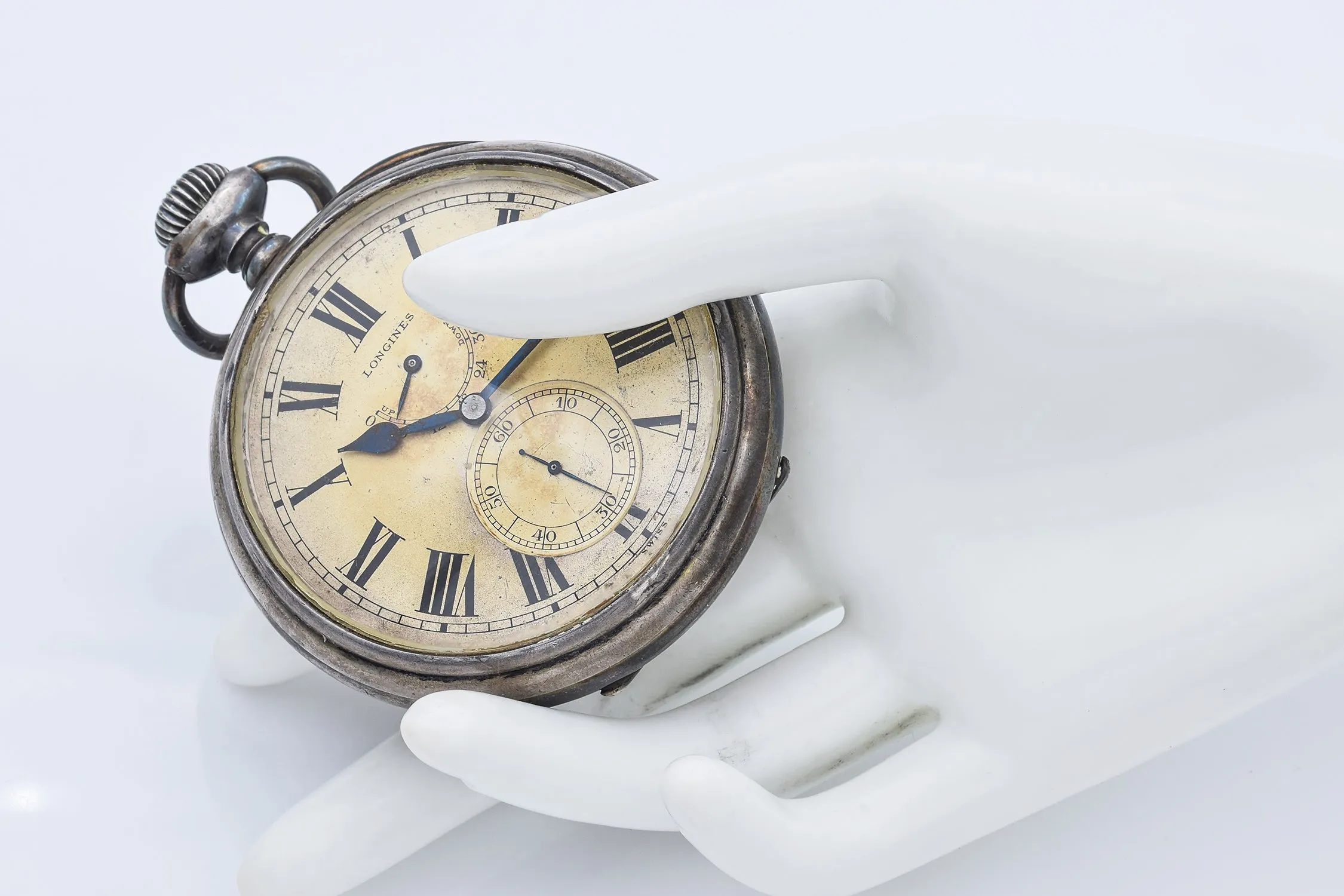 Antique Longines 800 Silver 17 Jewels Open Face Deck Watch 68 mm