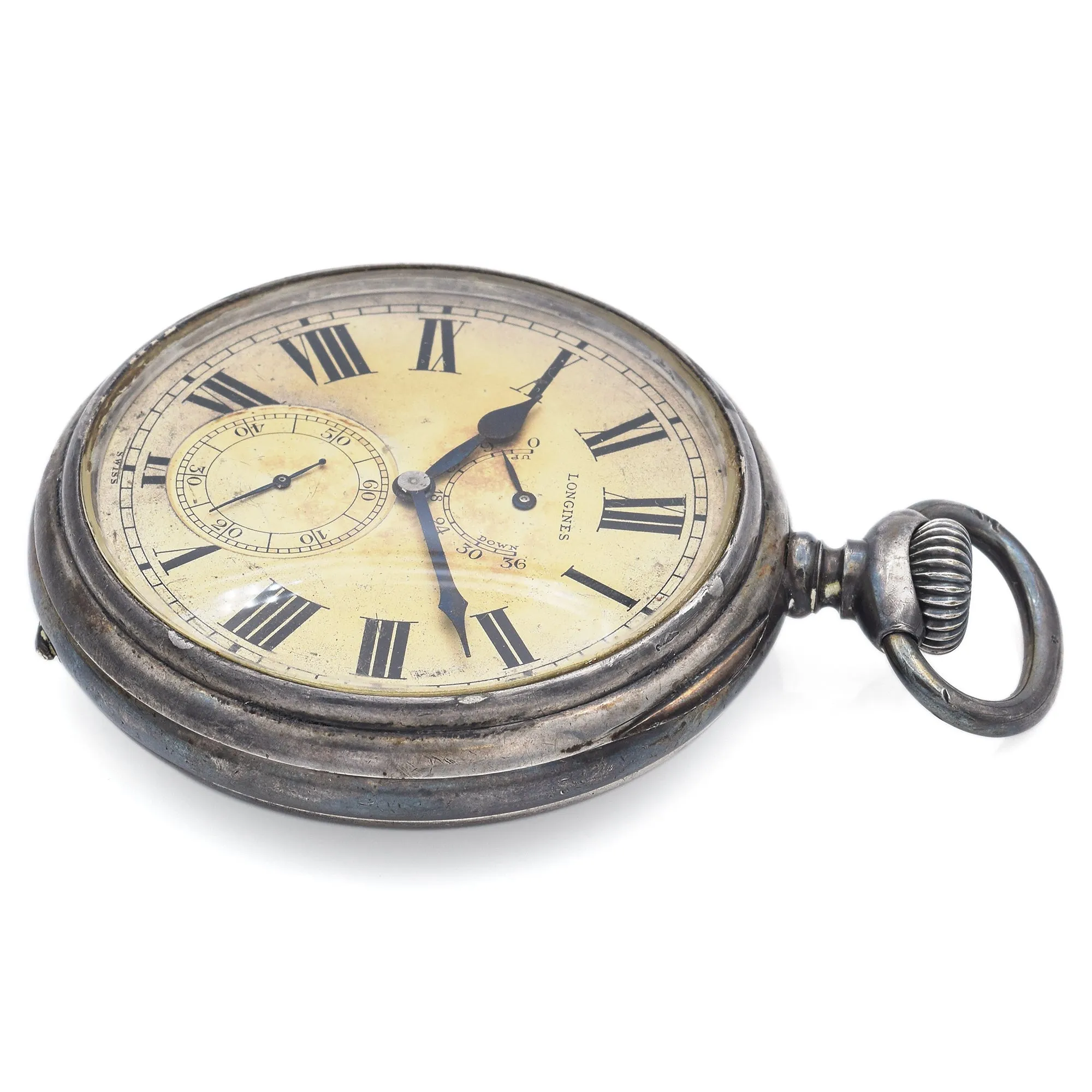 Antique Longines 800 Silver 17 Jewels Open Face Deck Watch 68 mm