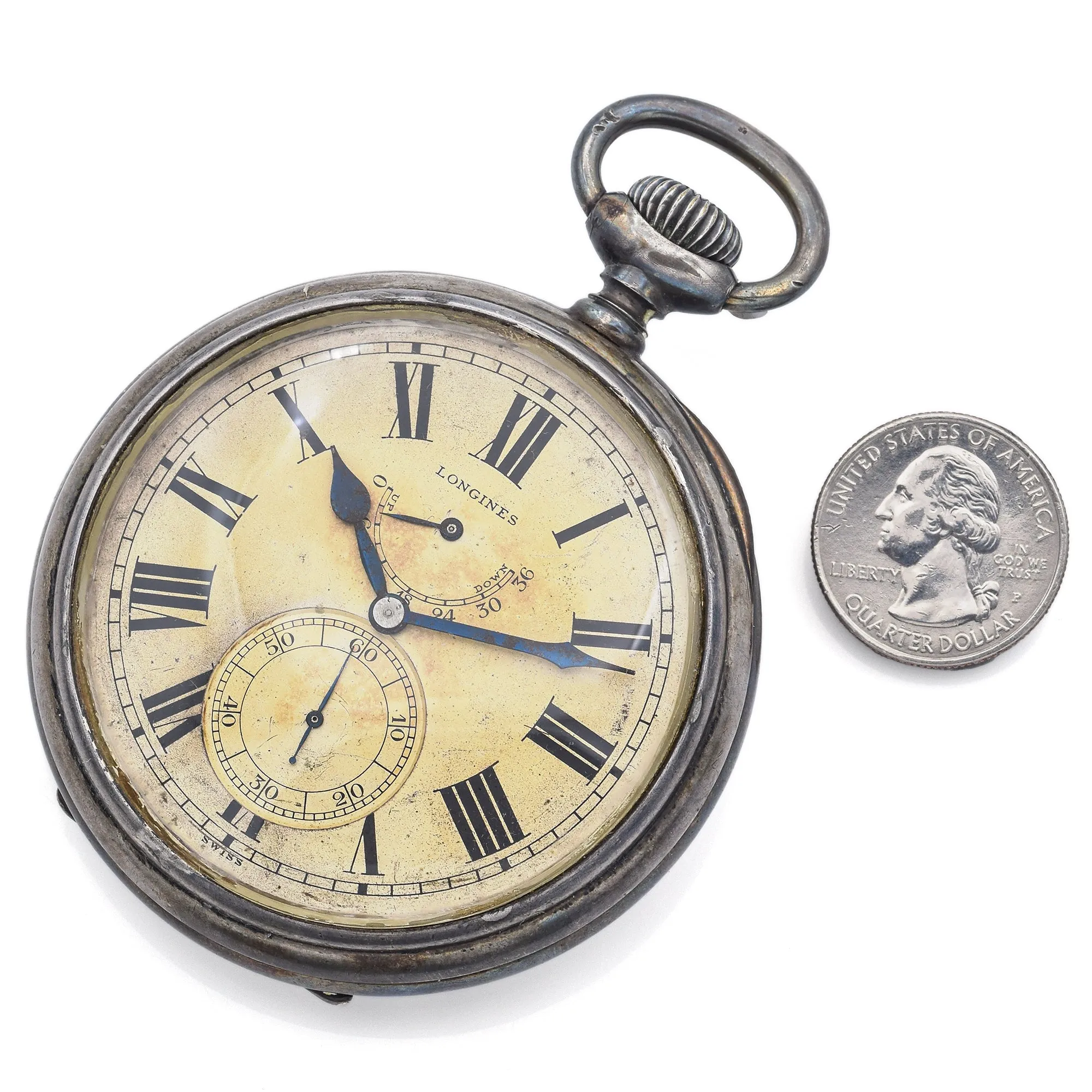 Antique Longines 800 Silver 17 Jewels Open Face Deck Watch 68 mm