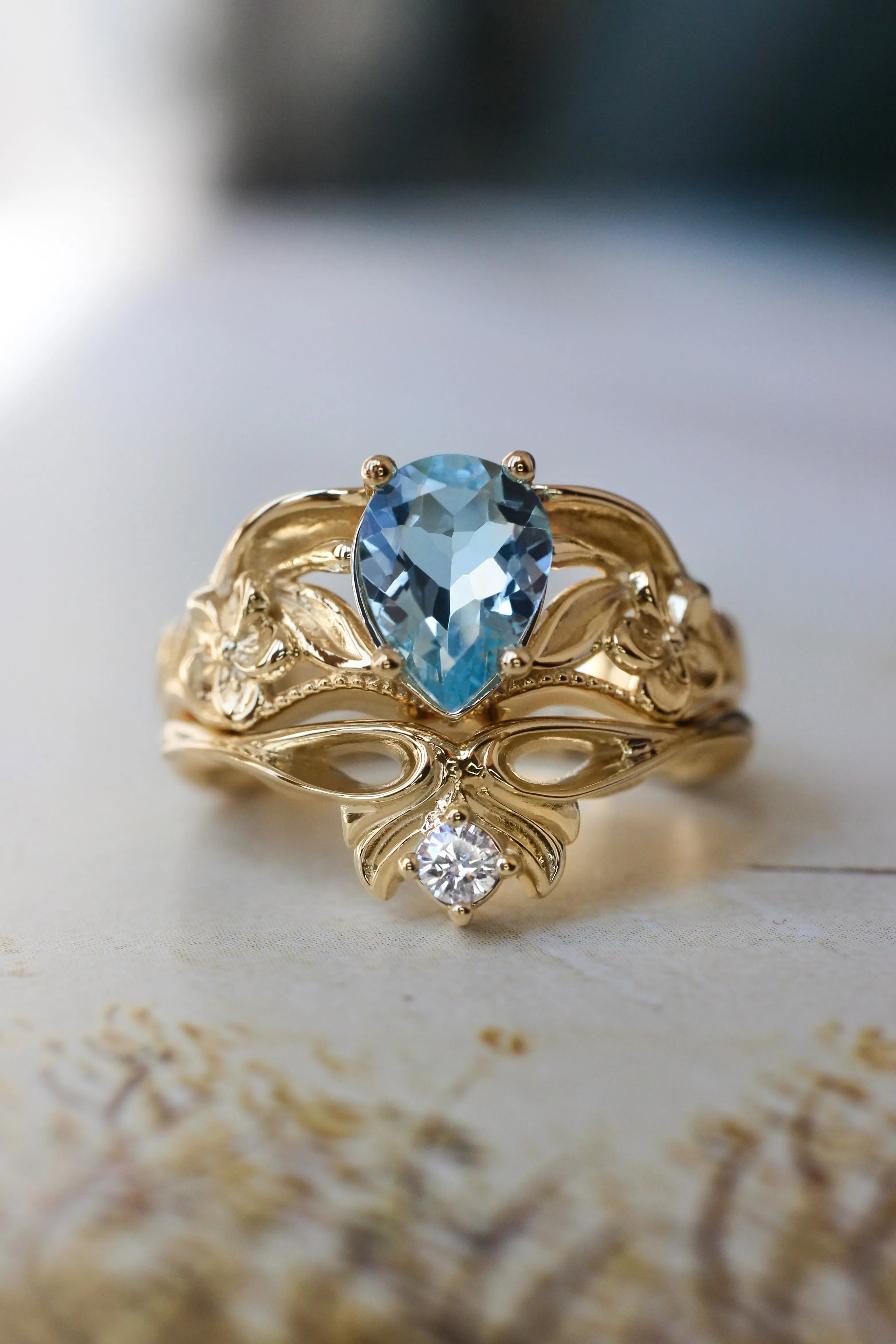 Aquamarine engagement ring, art nouveau ring / Eloise
