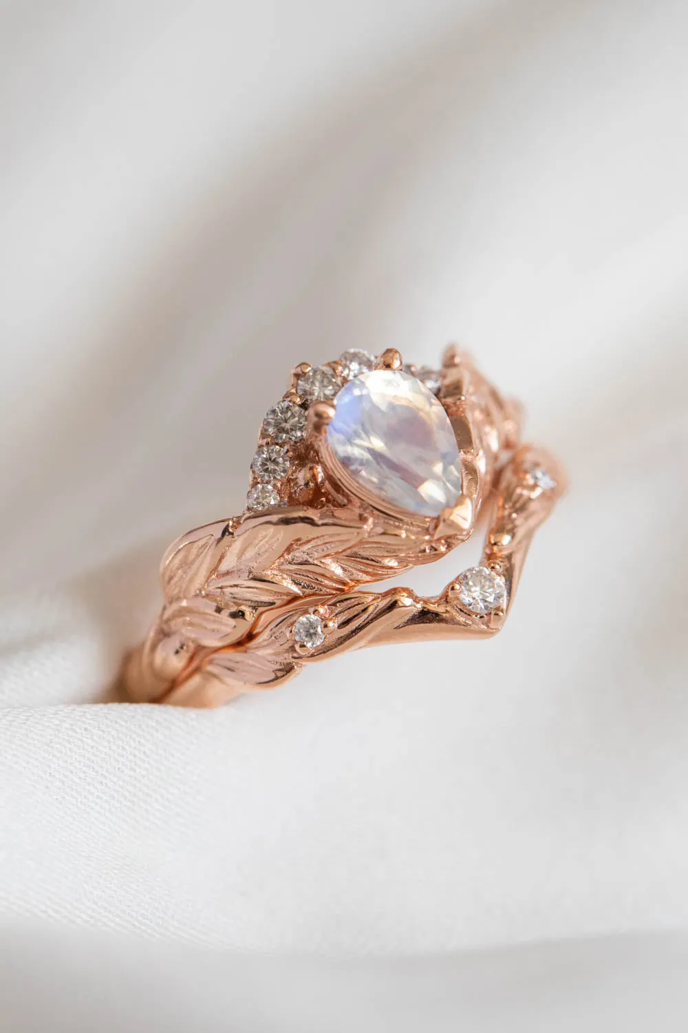 Blue moonstone engagement ring, rose gold leaves proposal ring with diamonds / Palmira Crown