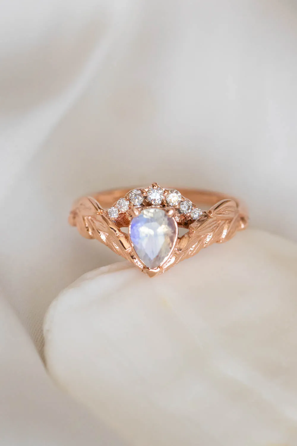 Blue moonstone engagement ring, rose gold leaves proposal ring with diamonds / Palmira Crown