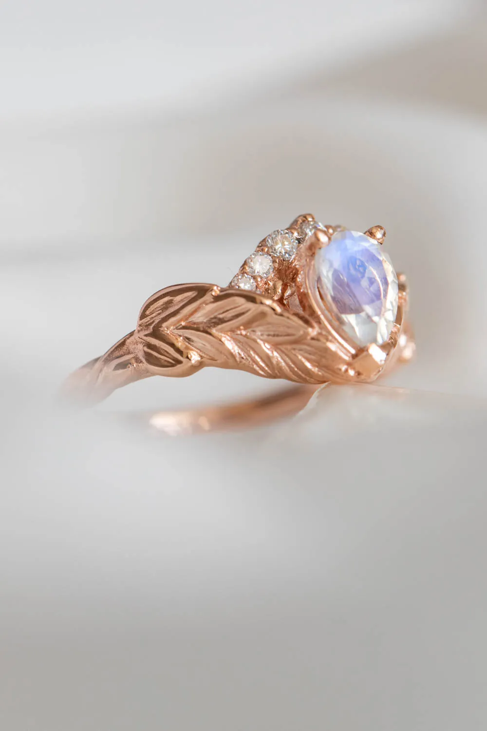 Blue moonstone engagement ring, rose gold leaves proposal ring with diamonds / Palmira Crown