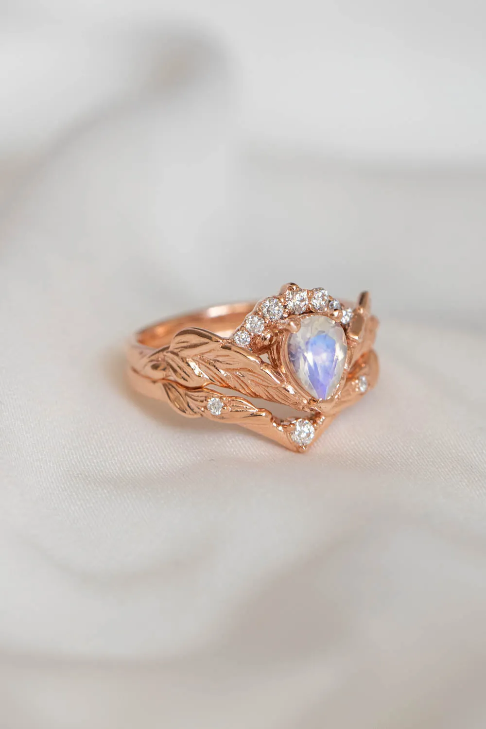 Blue moonstone engagement ring, rose gold leaves proposal ring with diamonds / Palmira Crown