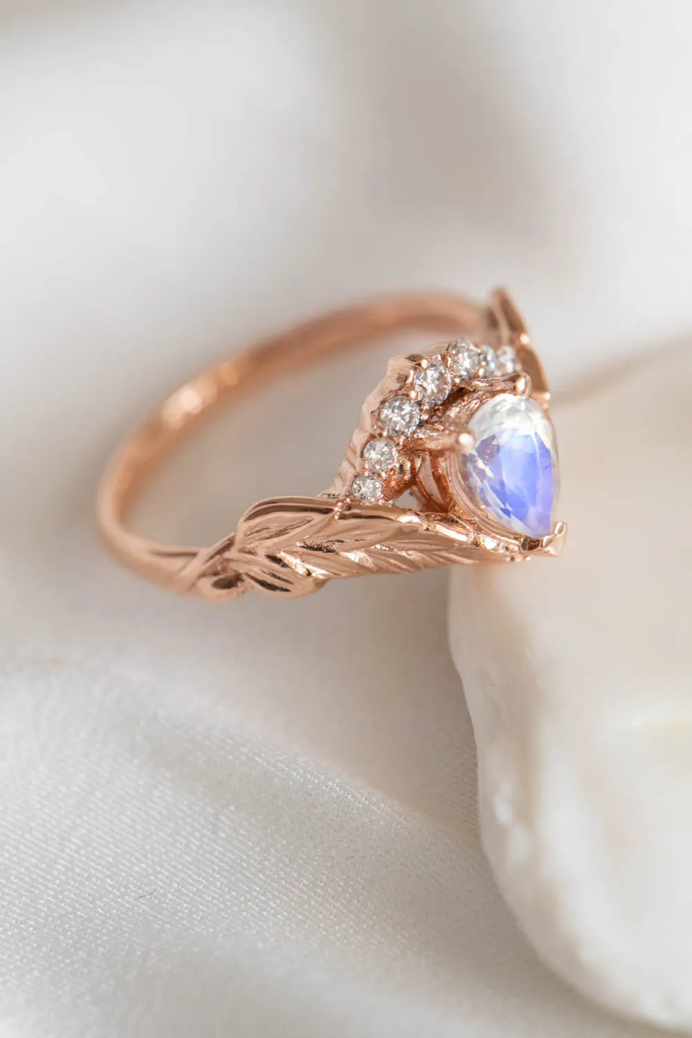 Blue moonstone engagement ring, rose gold leaves proposal ring with diamonds / Palmira Crown
