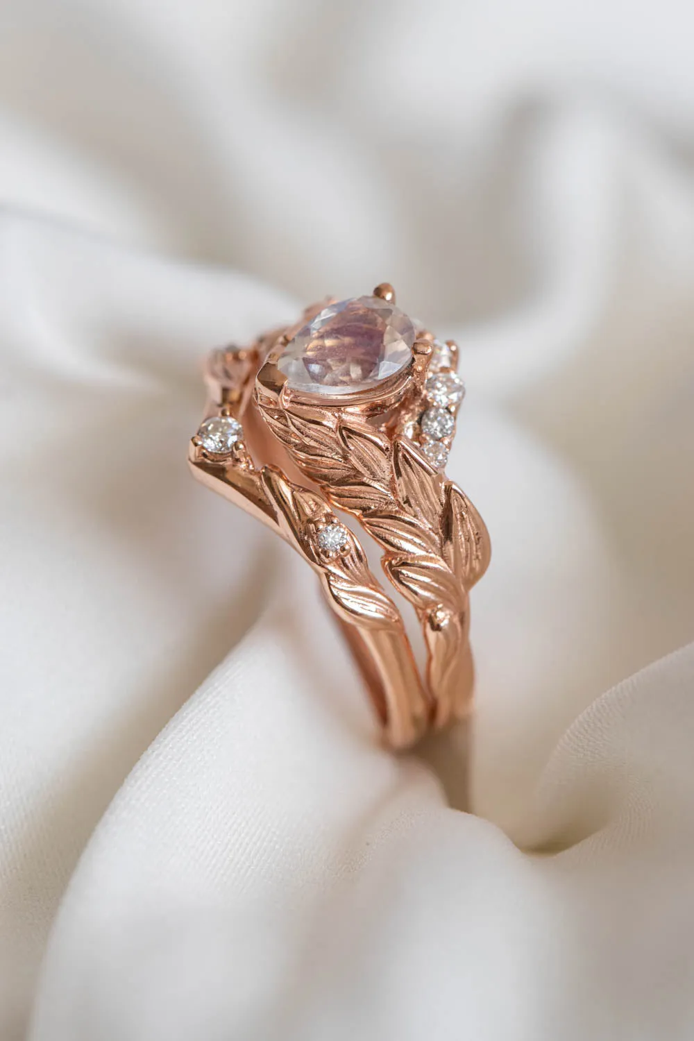 Blue moonstone engagement ring, rose gold leaves proposal ring with diamonds / Palmira Crown