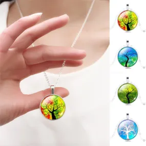 Fashion Life Tree Pendant Necklace Vintage Silver Color Chain Necklace in Jewelry Classic Glass Cabochon Necklace