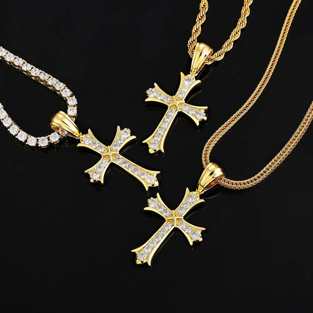Iced Out Iris Mens Gold Cross Necklace in White Gold KRKC
