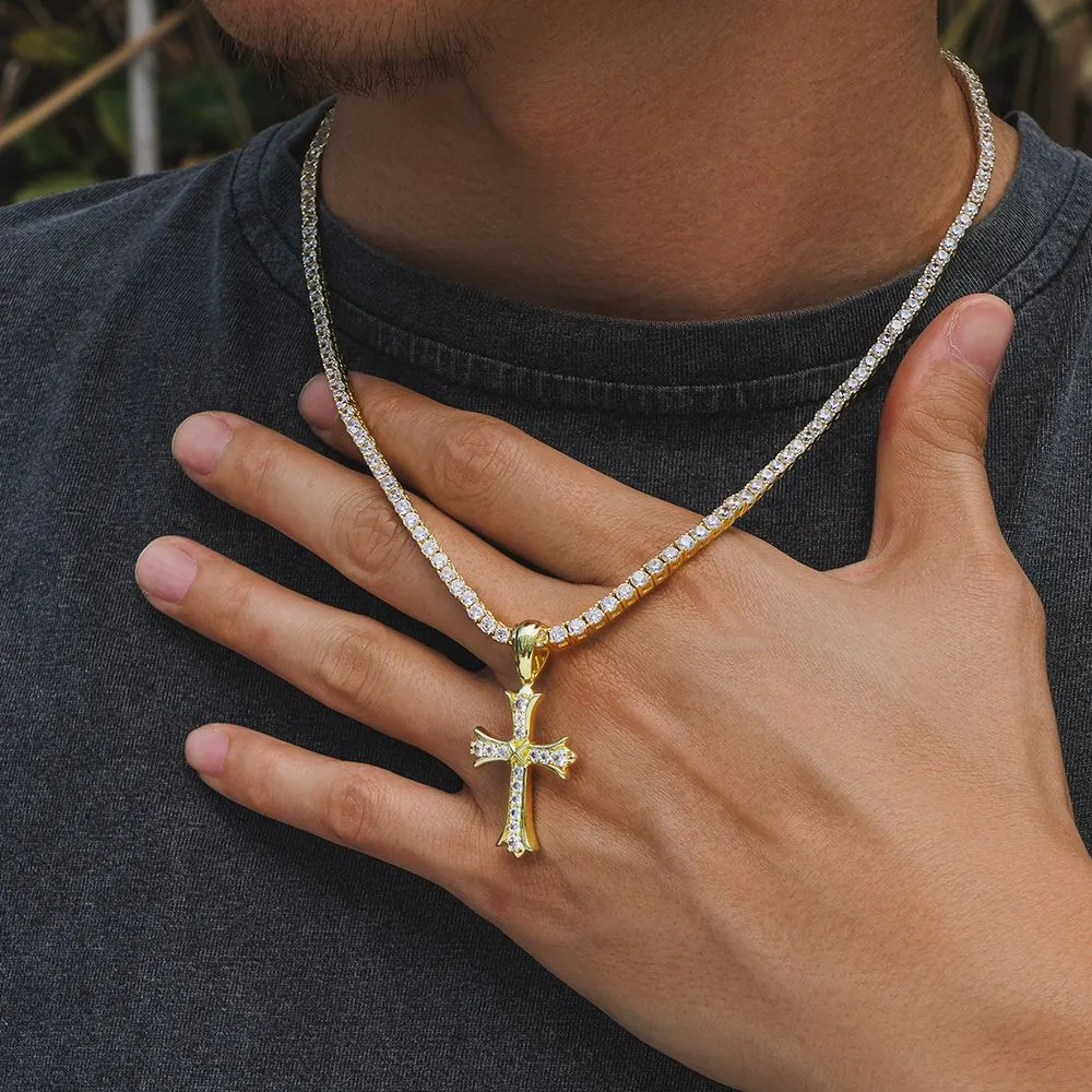 Iced Out Iris Mens Gold Cross Necklace in White Gold KRKC