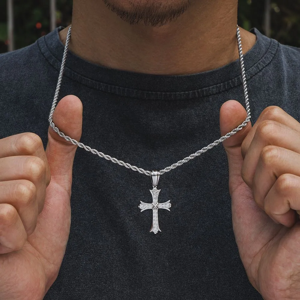Iced Out Iris Mens Gold Cross Necklace in White Gold KRKC