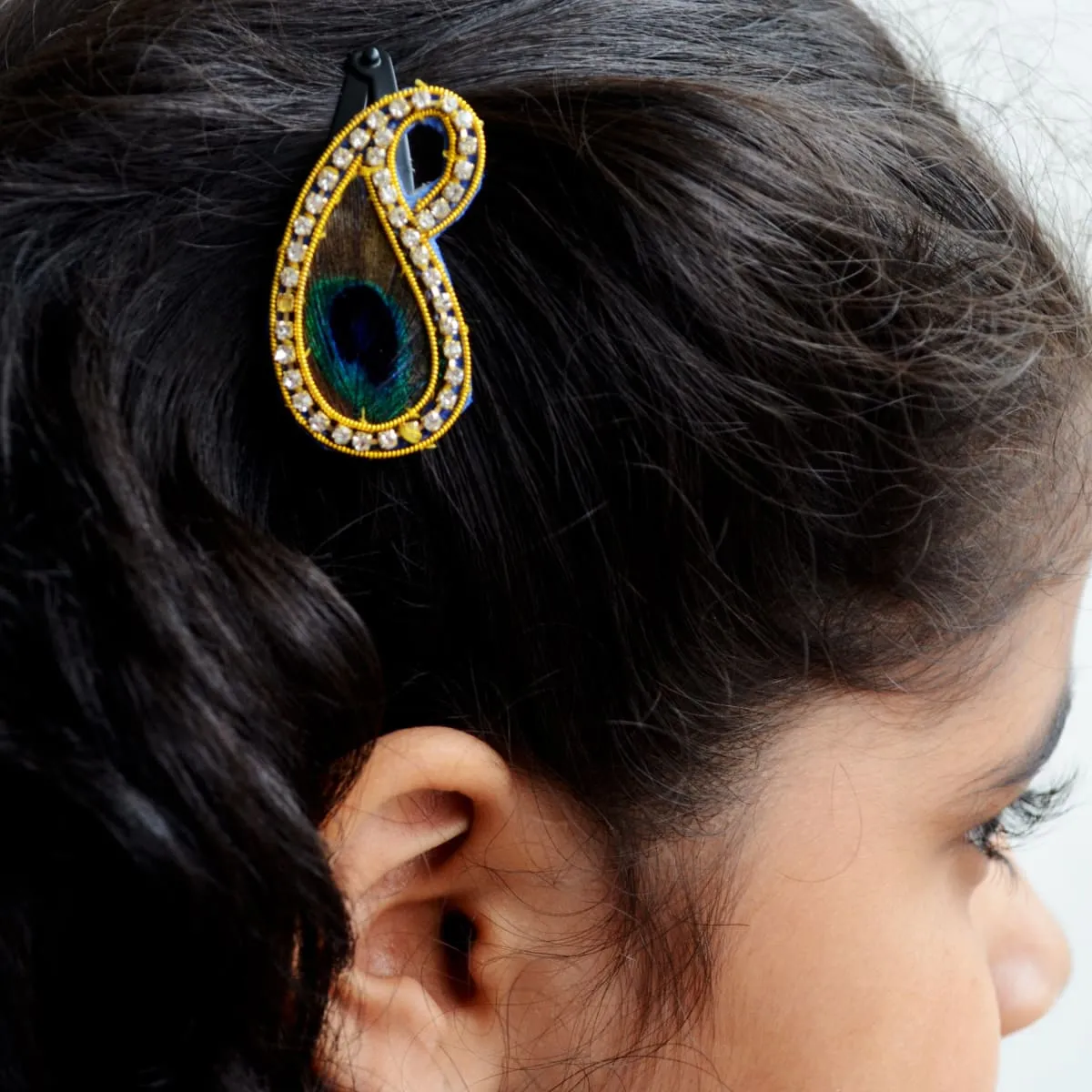Krishna Peacock Feather Inspired Hair Clip Accessory Gift Set Gold & Multicolour
