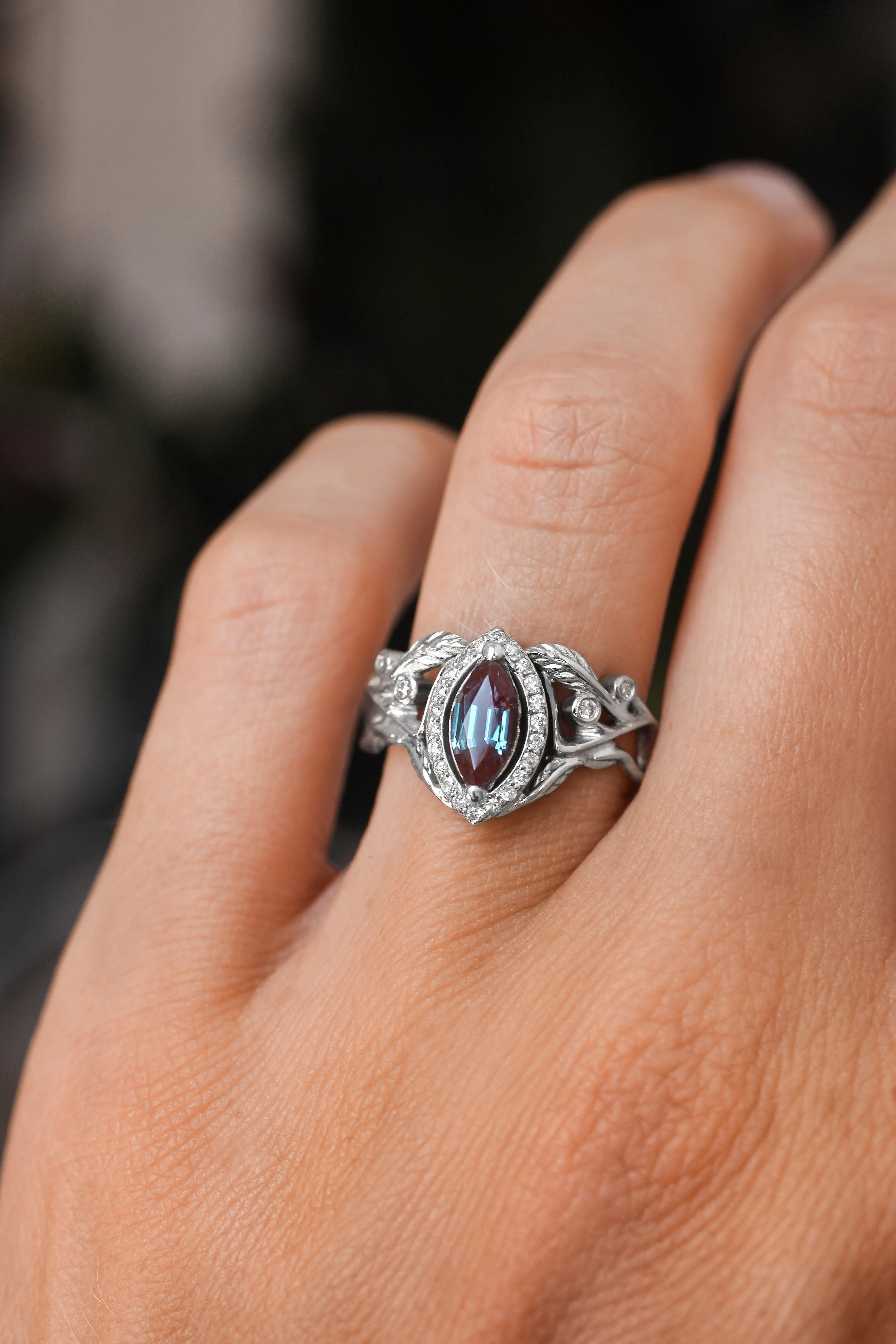 Lab alexandrite marquise ring, diamond halo engagement ring / Callisto