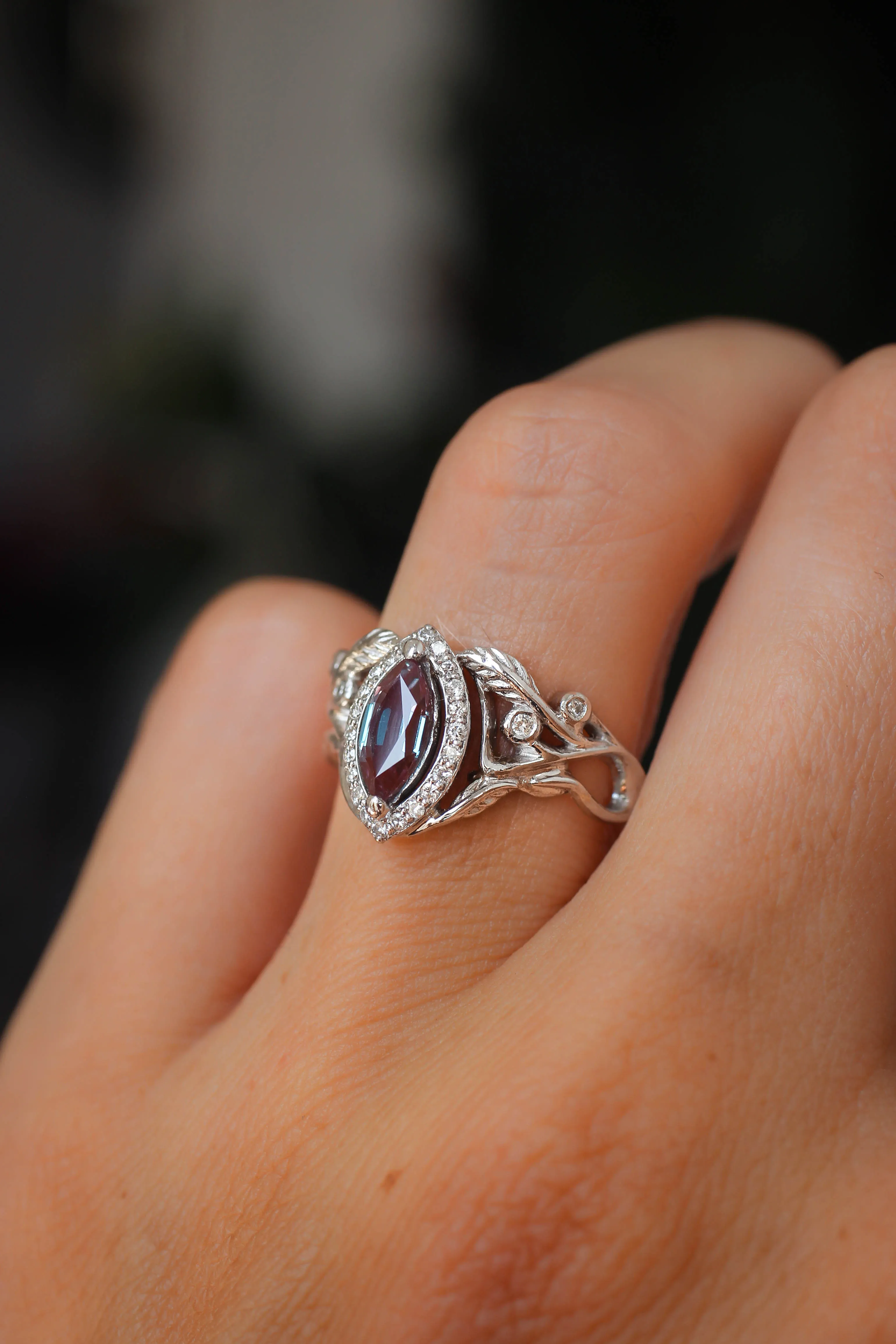 Lab alexandrite marquise ring, diamond halo engagement ring / Callisto