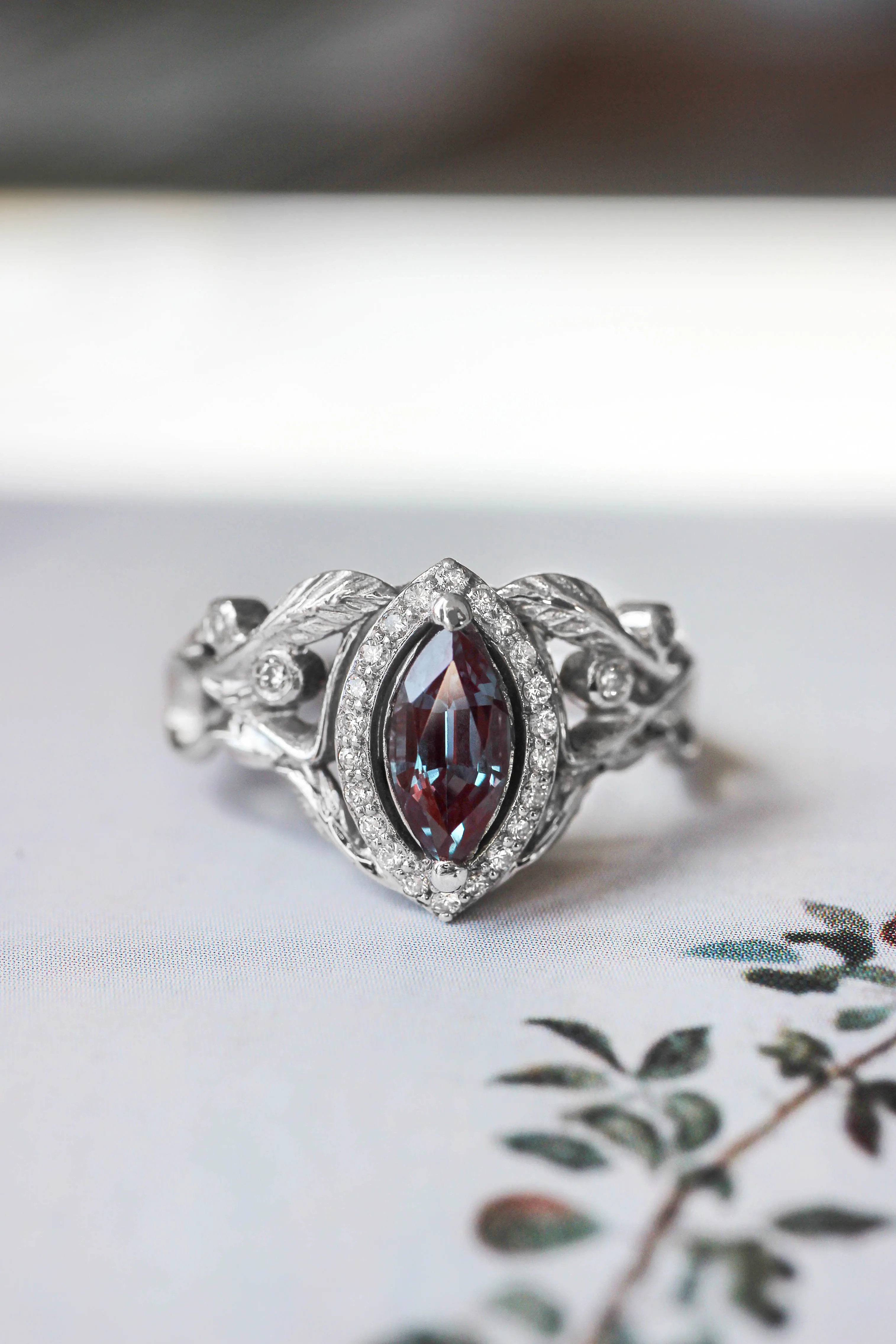 Lab alexandrite marquise ring, diamond halo engagement ring / Callisto