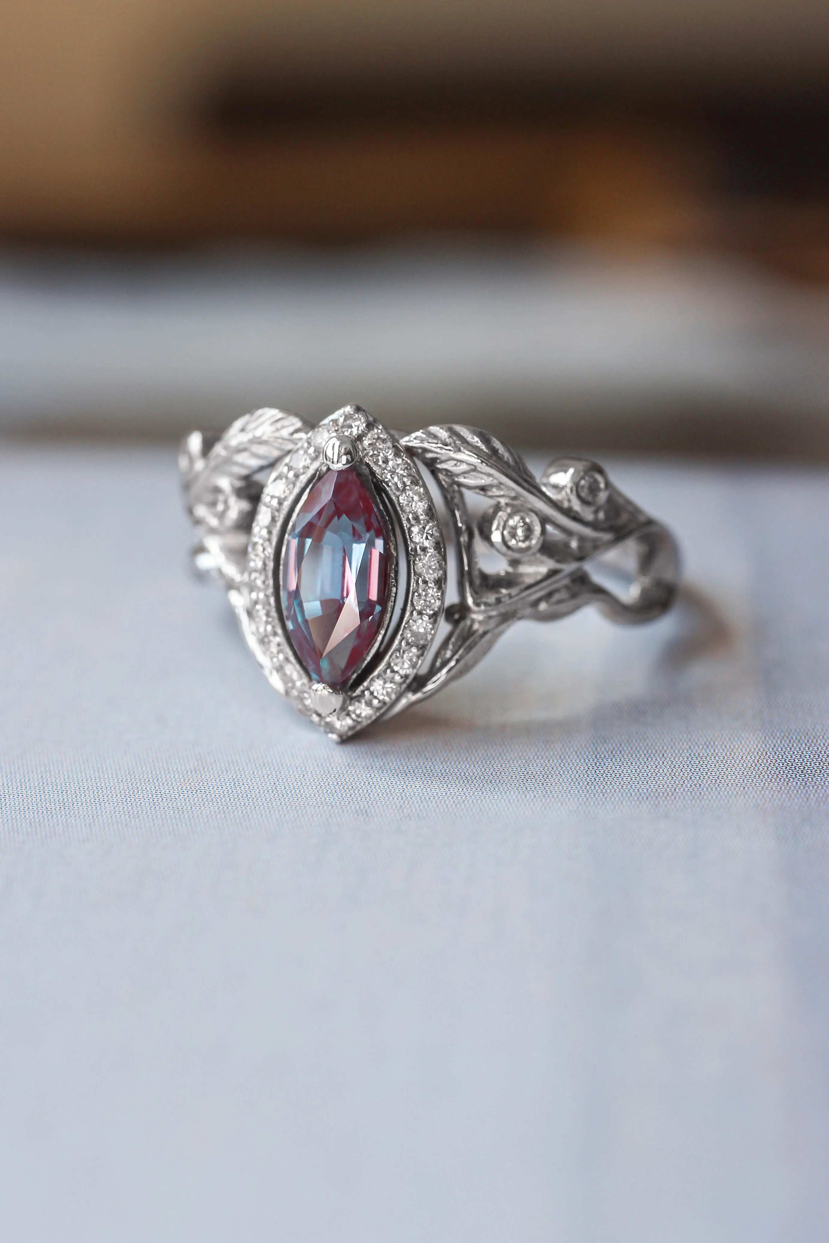 Lab alexandrite marquise ring, diamond halo engagement ring / Callisto