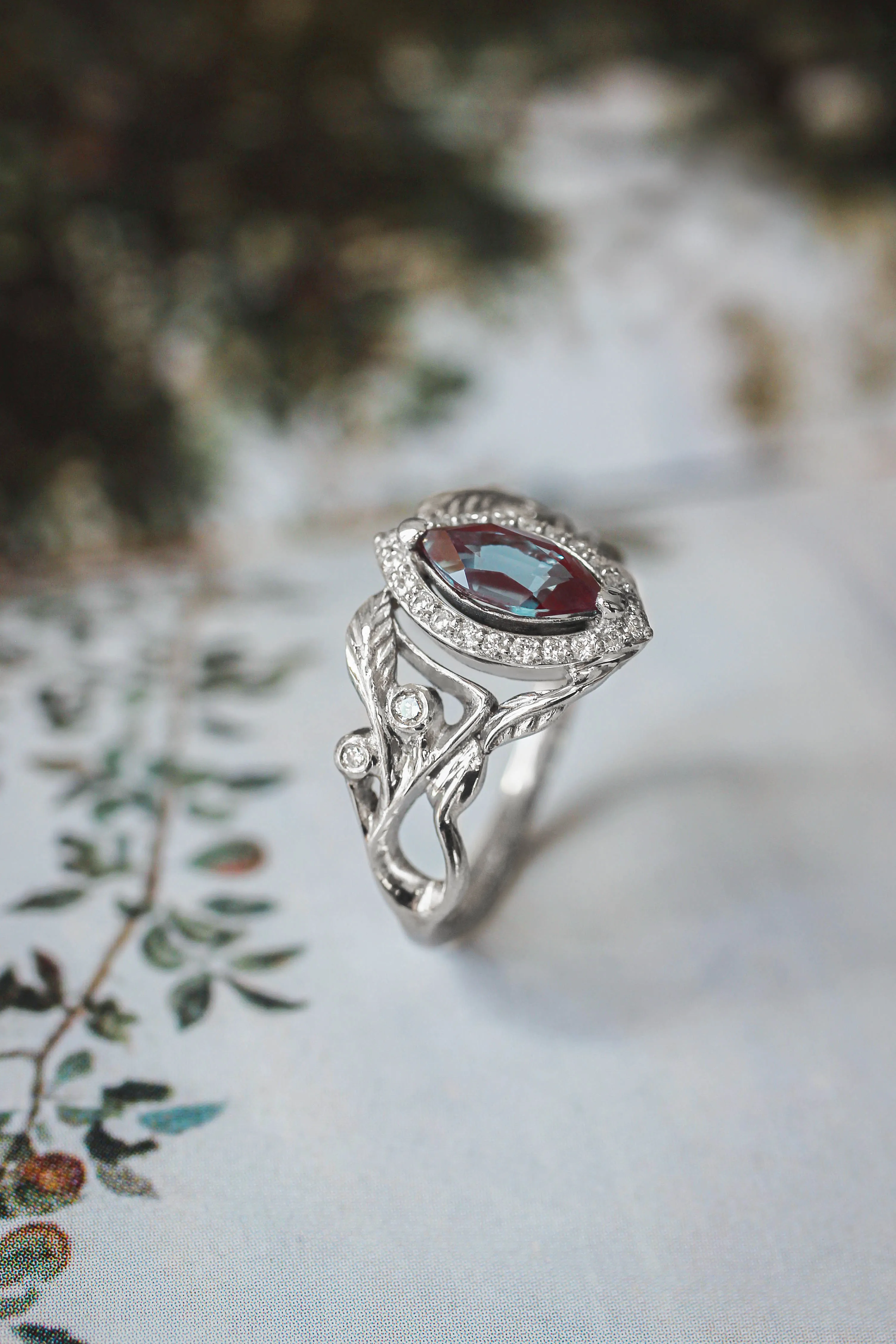 Lab alexandrite marquise ring, diamond halo engagement ring / Callisto