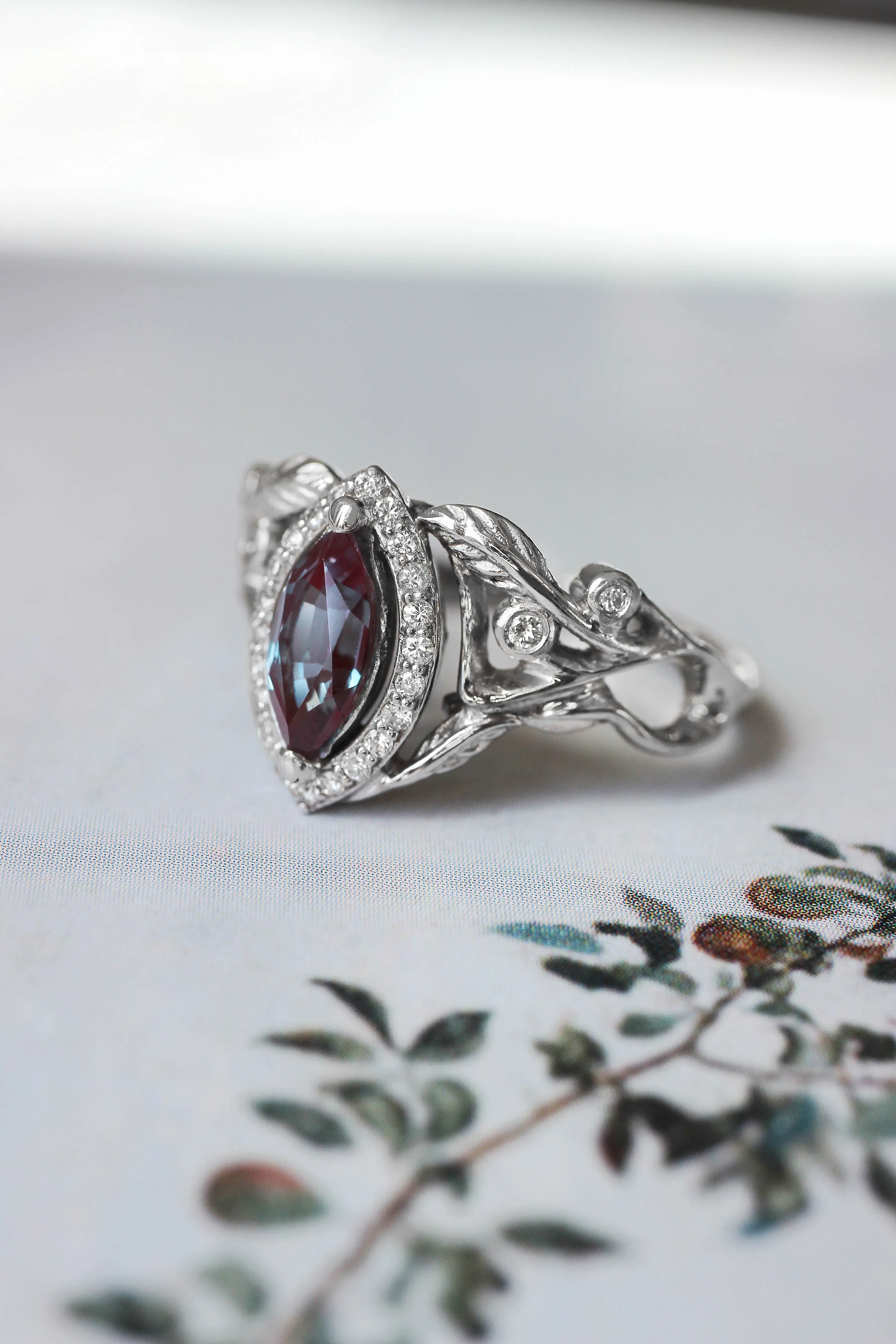 Lab alexandrite marquise ring, diamond halo engagement ring / Callisto