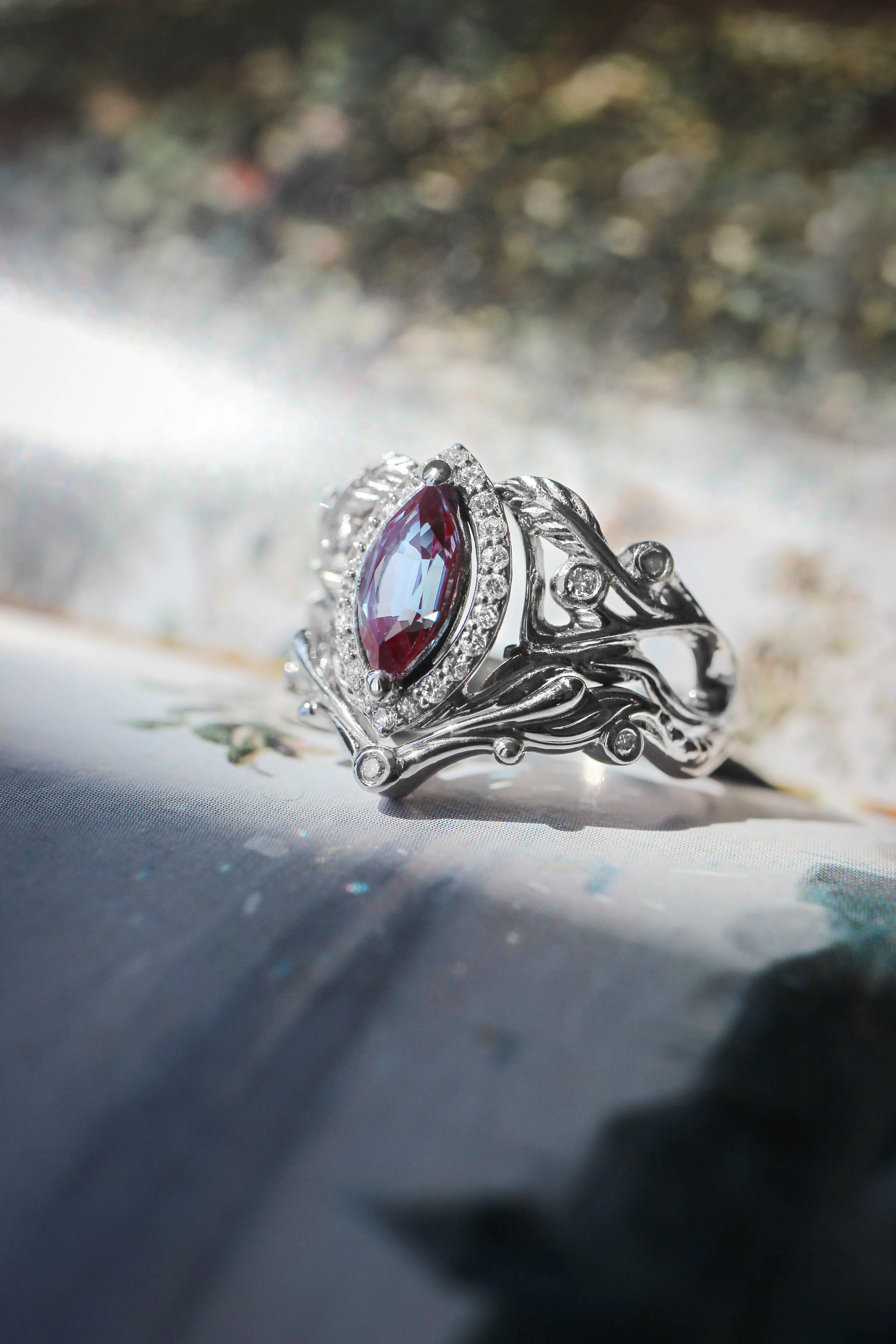 Lab alexandrite marquise ring, diamond halo engagement ring / Callisto
