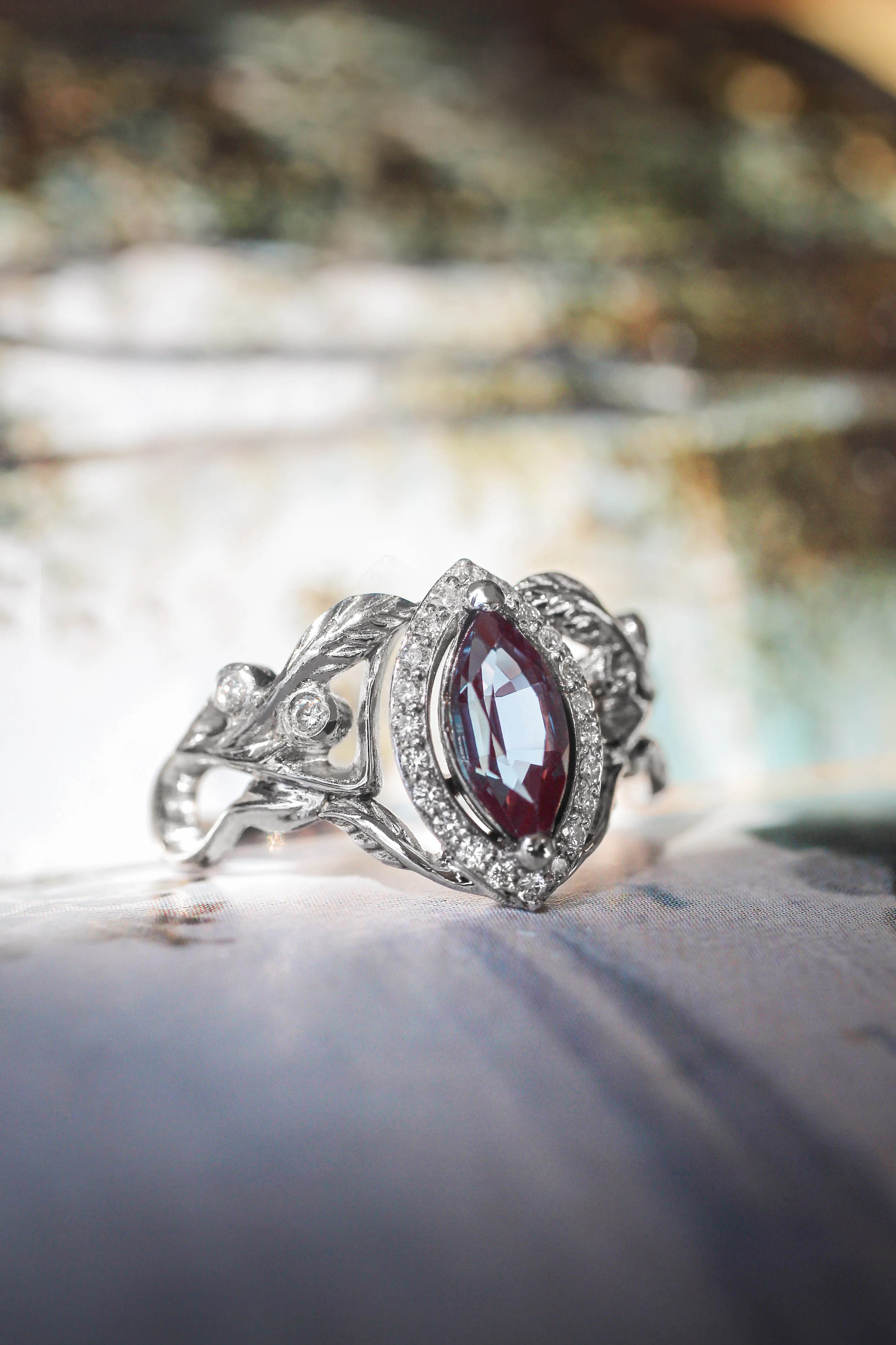Lab alexandrite marquise ring, diamond halo engagement ring / Callisto