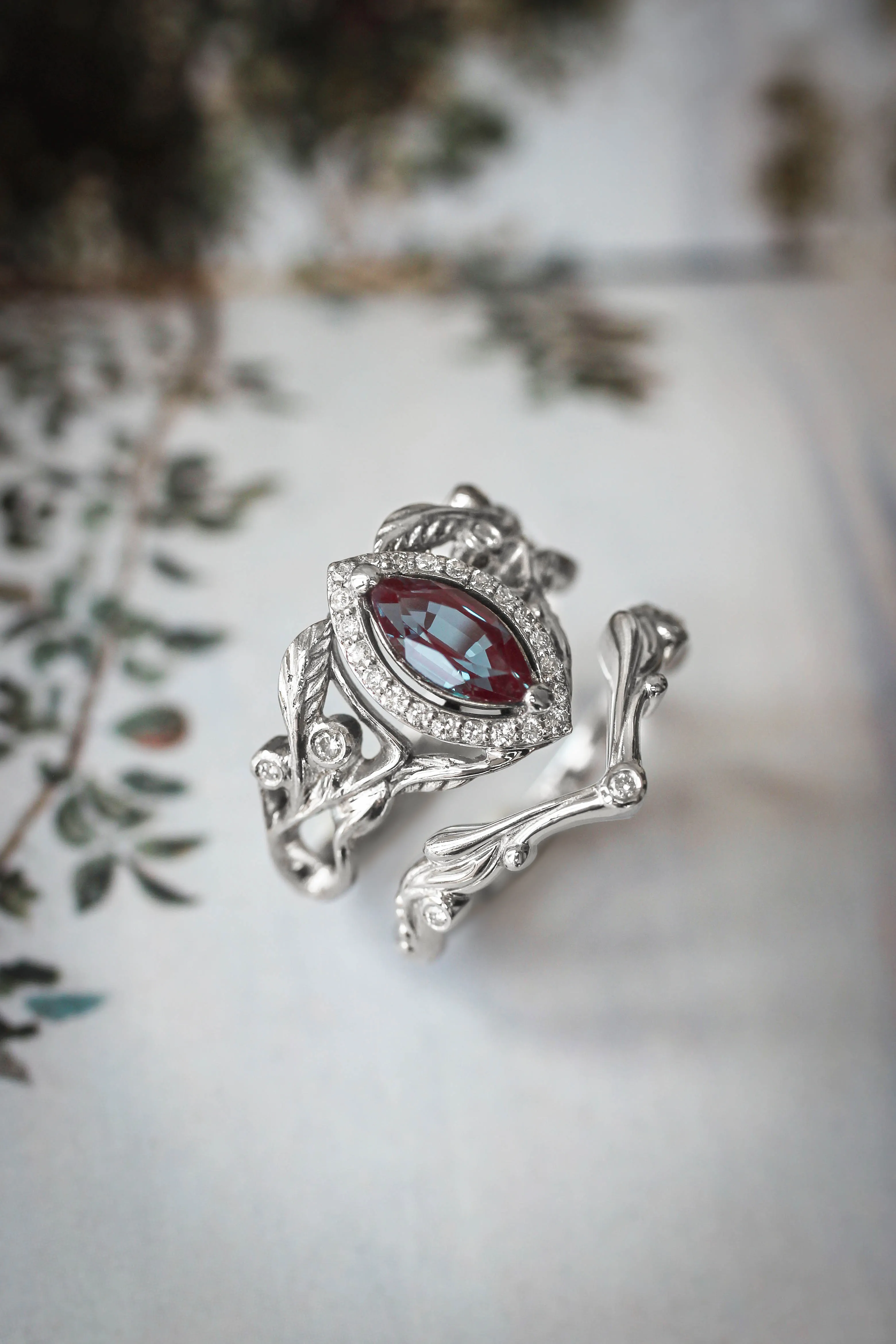 Lab alexandrite marquise ring, diamond halo engagement ring / Callisto