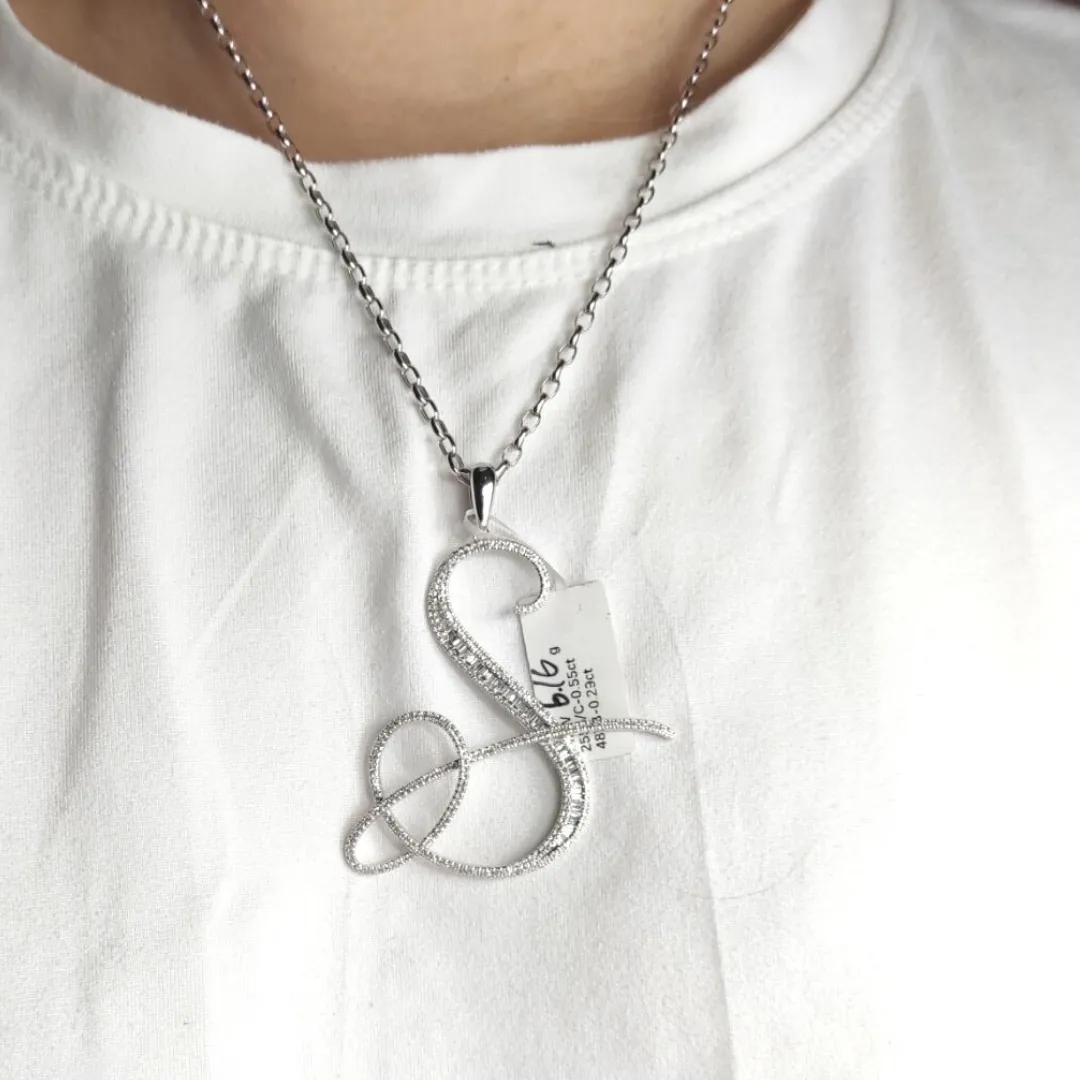 Letter S Diamond Pendant 14K White Gold