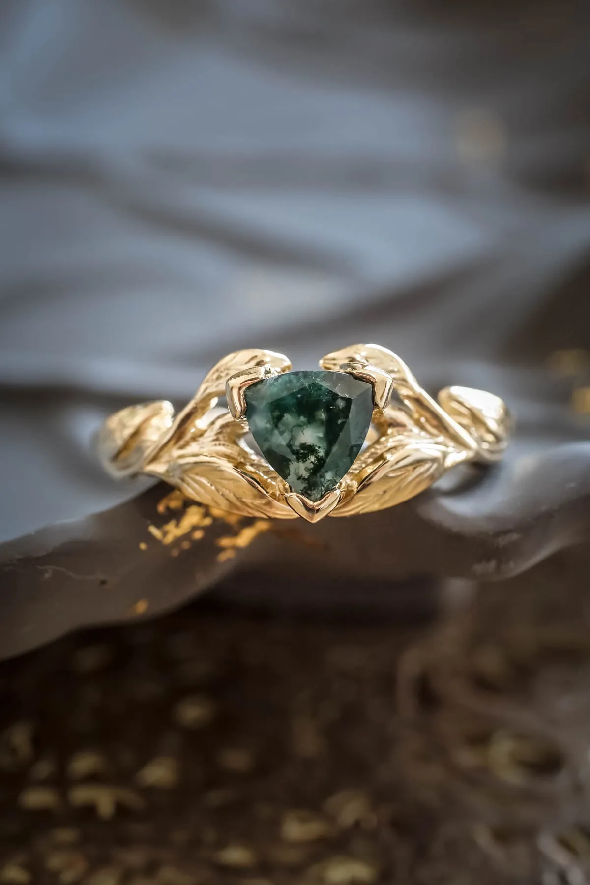 Moss agate engagement ring, trillion cut ring / Clematis