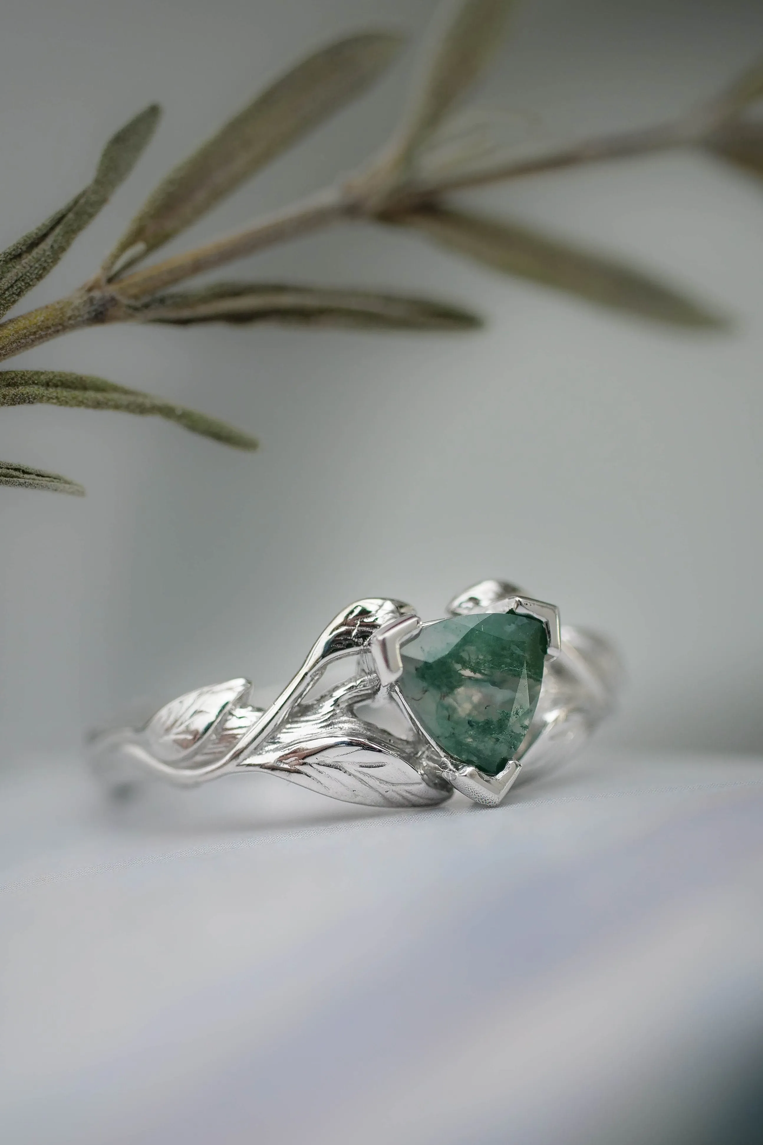 Moss agate engagement ring, trillion cut ring / Clematis