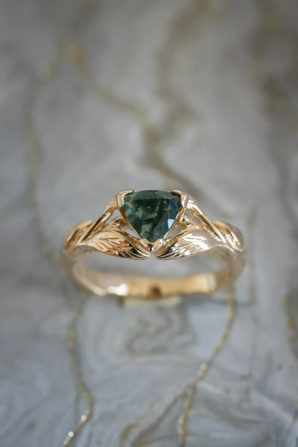 Moss agate engagement ring, trillion cut ring / Clematis