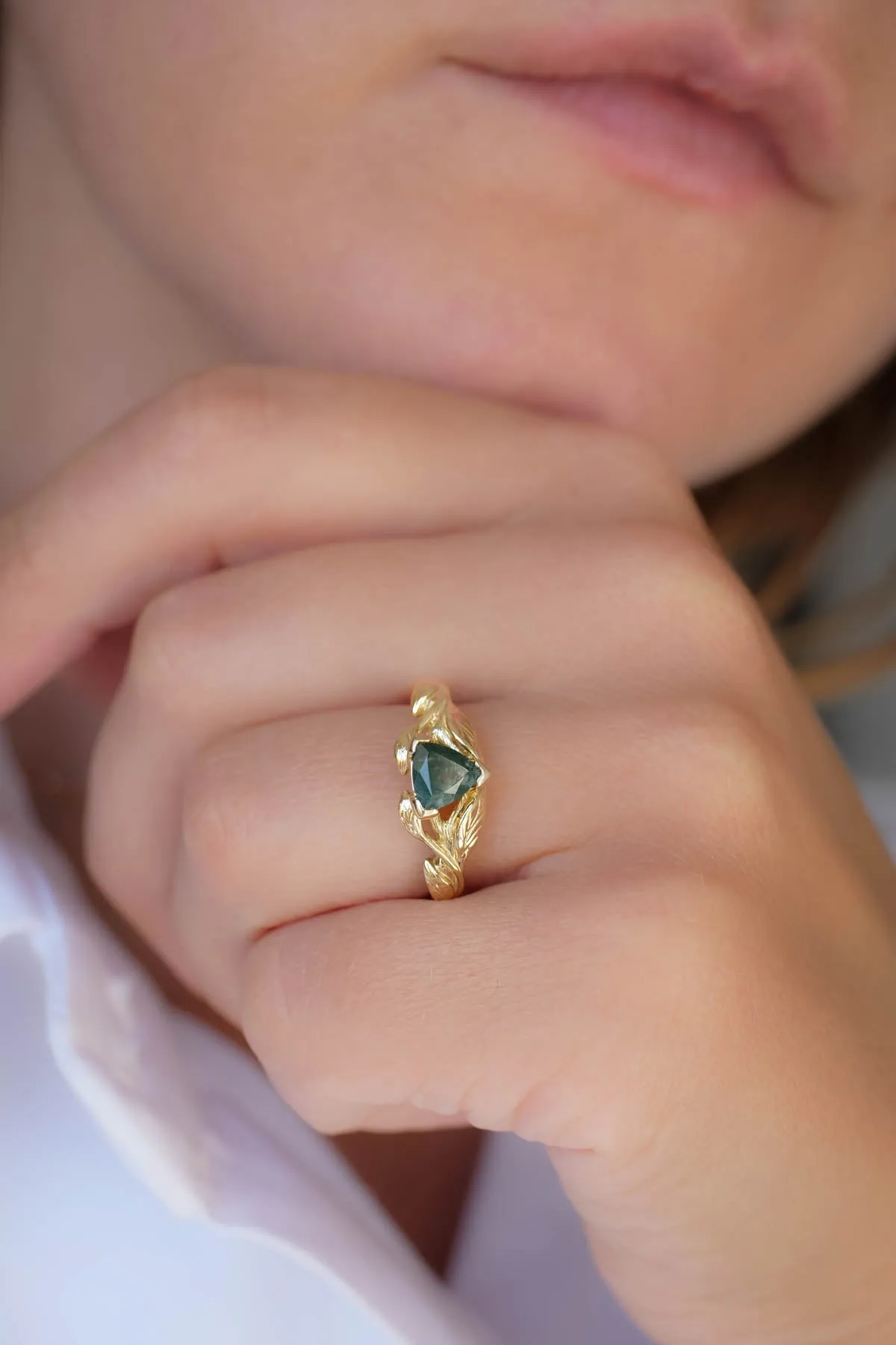 Moss agate engagement ring, trillion cut ring / Clematis