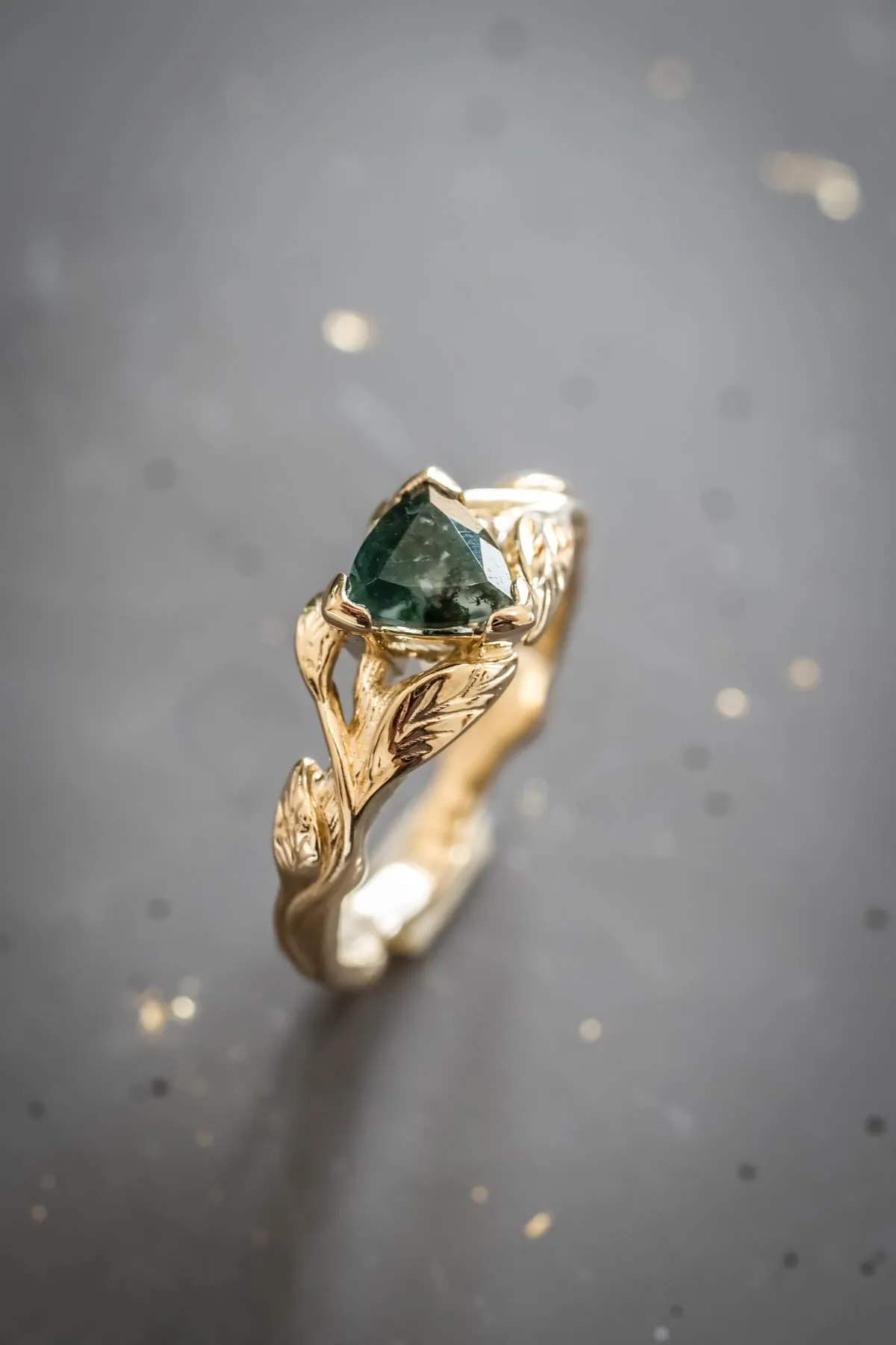 Moss agate engagement ring, trillion cut ring / Clematis