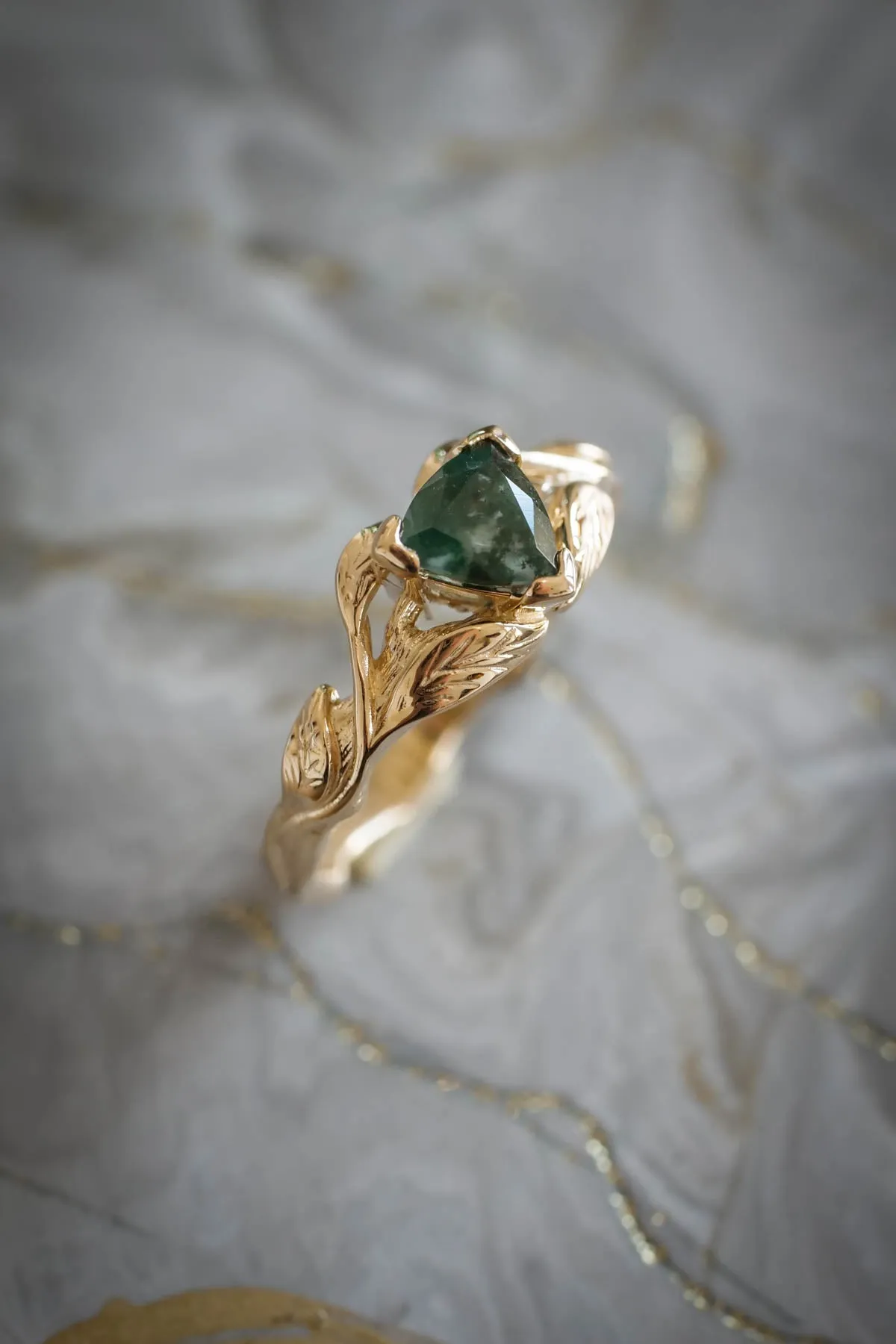 Moss agate engagement ring, trillion cut ring / Clematis