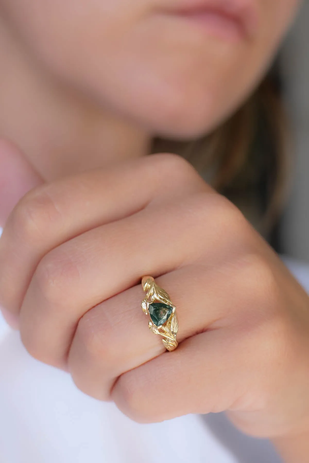 Moss agate engagement ring, trillion cut ring / Clematis