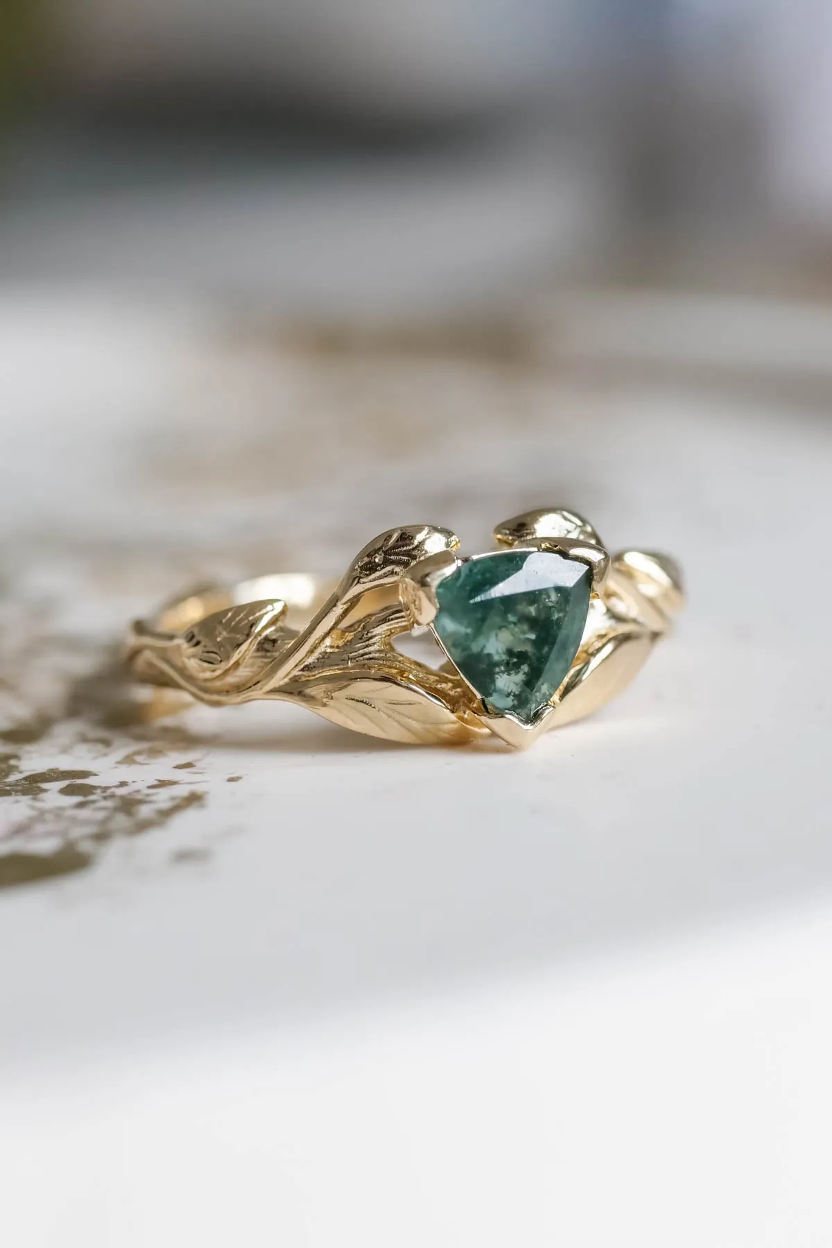 Moss agate engagement ring, trillion cut ring / Clematis