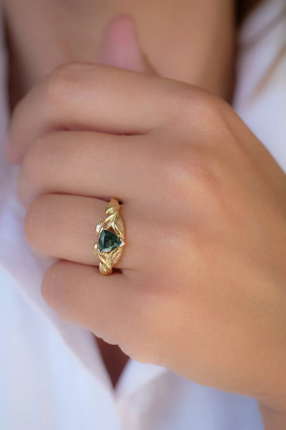 Moss agate engagement ring, trillion cut ring / Clematis