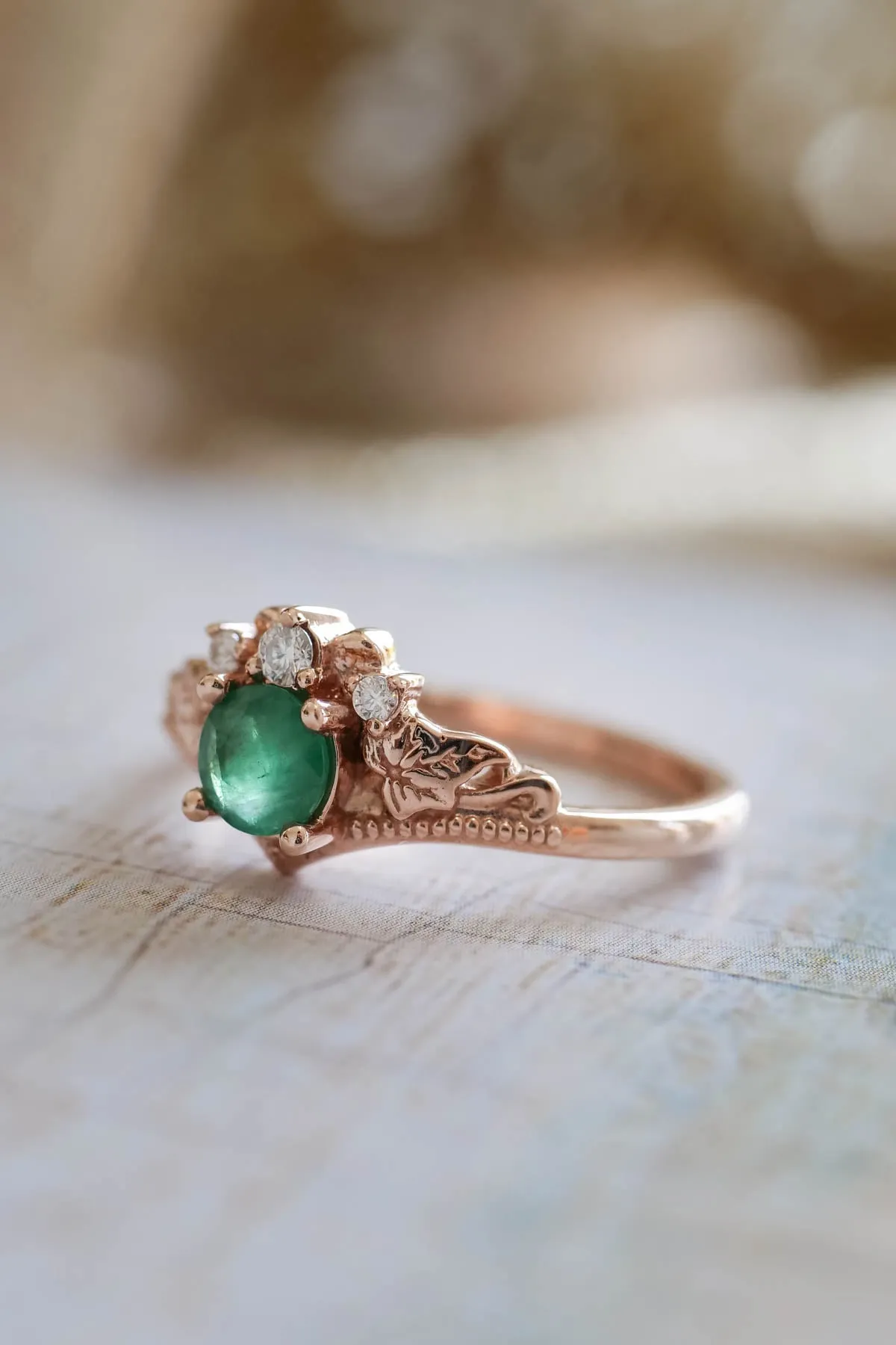 Natural emerald engagement ring, ivy leaves diamond ring / Ariadne