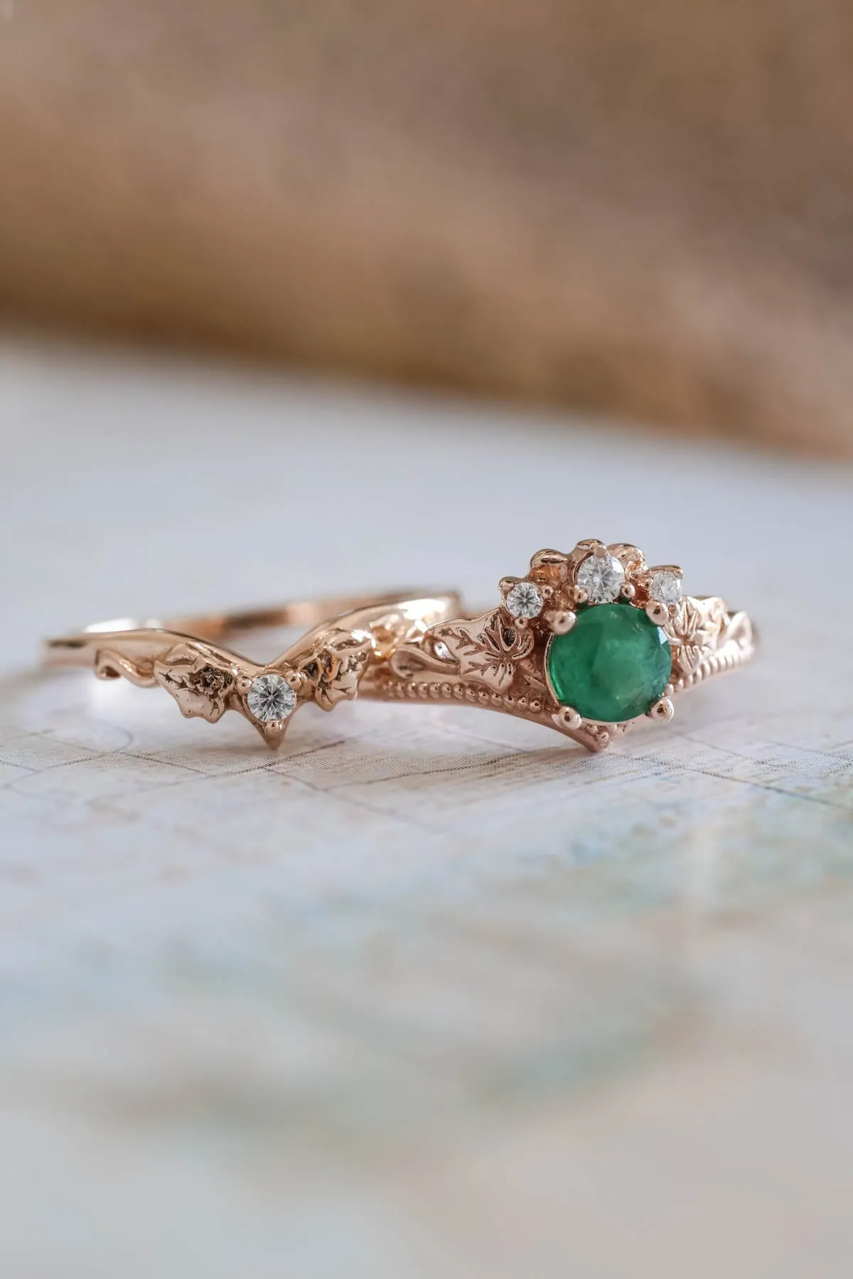 Natural emerald engagement ring, ivy leaves diamond ring / Ariadne