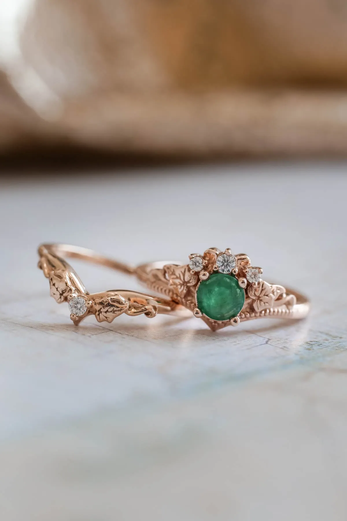 Natural emerald engagement ring, ivy leaves diamond ring / Ariadne