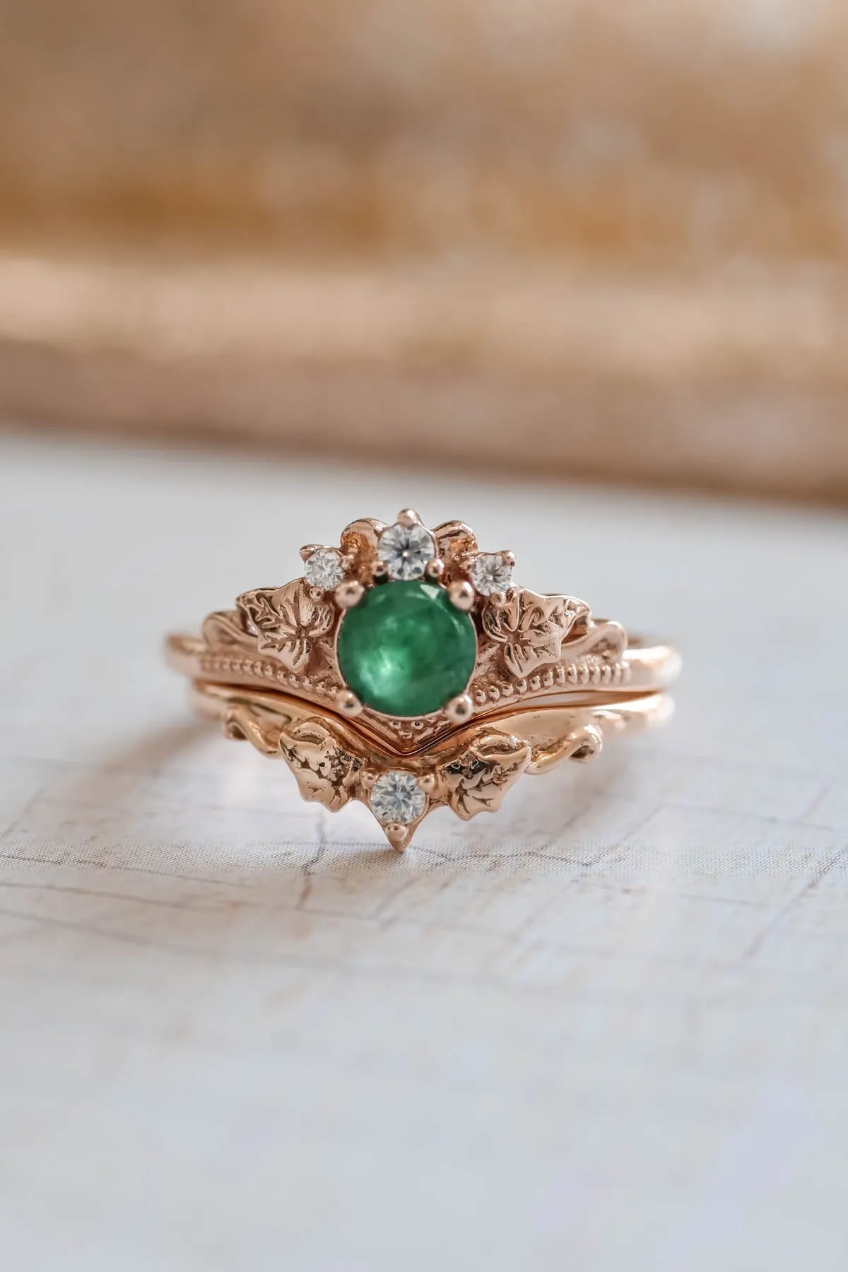 Natural emerald engagement ring, ivy leaves diamond ring / Ariadne