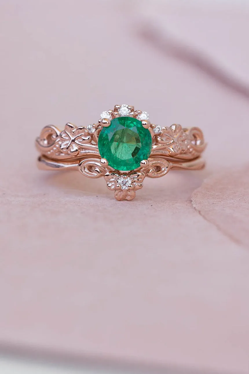 Natural emerald engagement ring set, celtic bridal ring set / Horta
