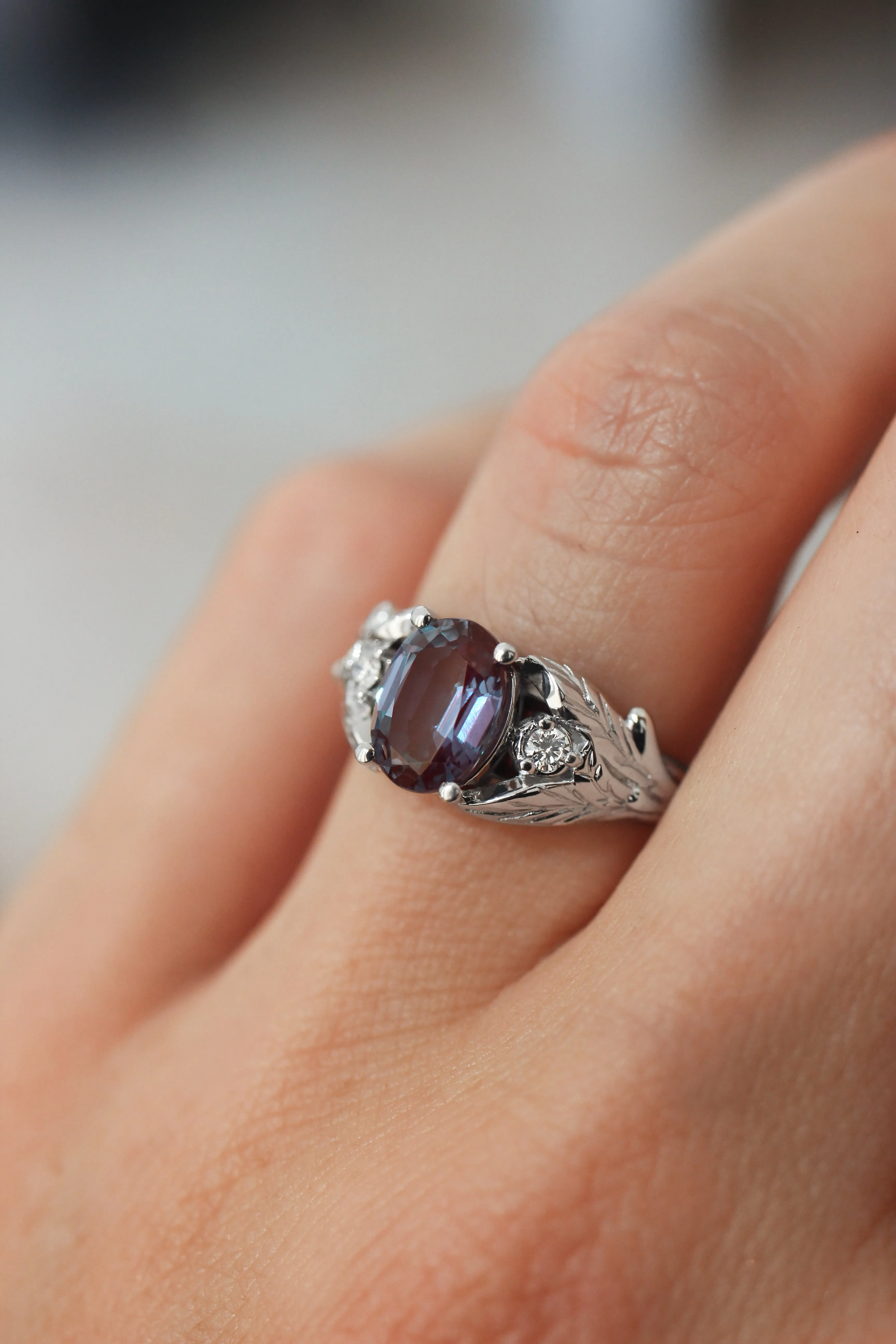 Oval alexandrite ring with diamonds, leaf engagement ring / Wisteria