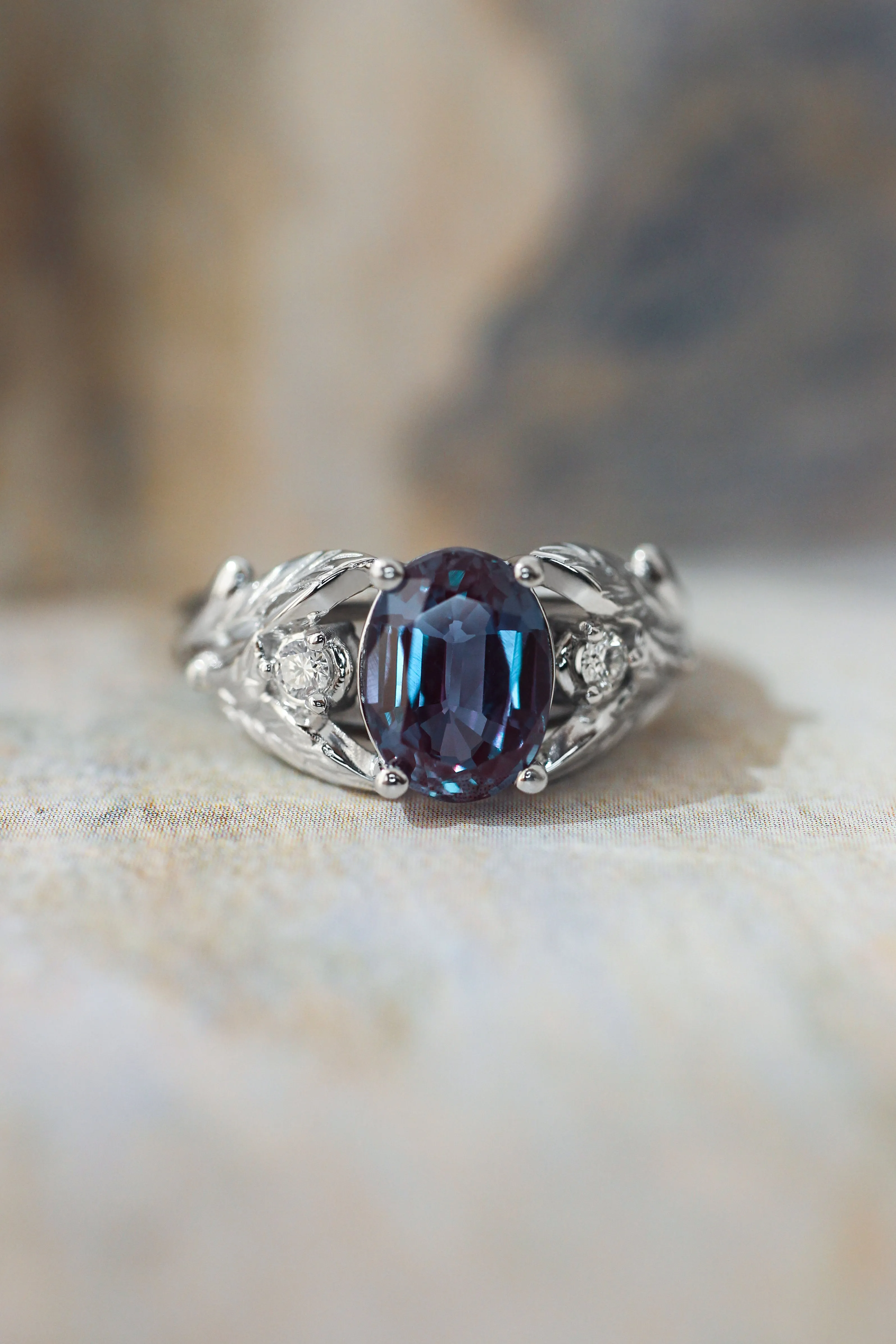 Oval alexandrite ring with diamonds, leaf engagement ring / Wisteria