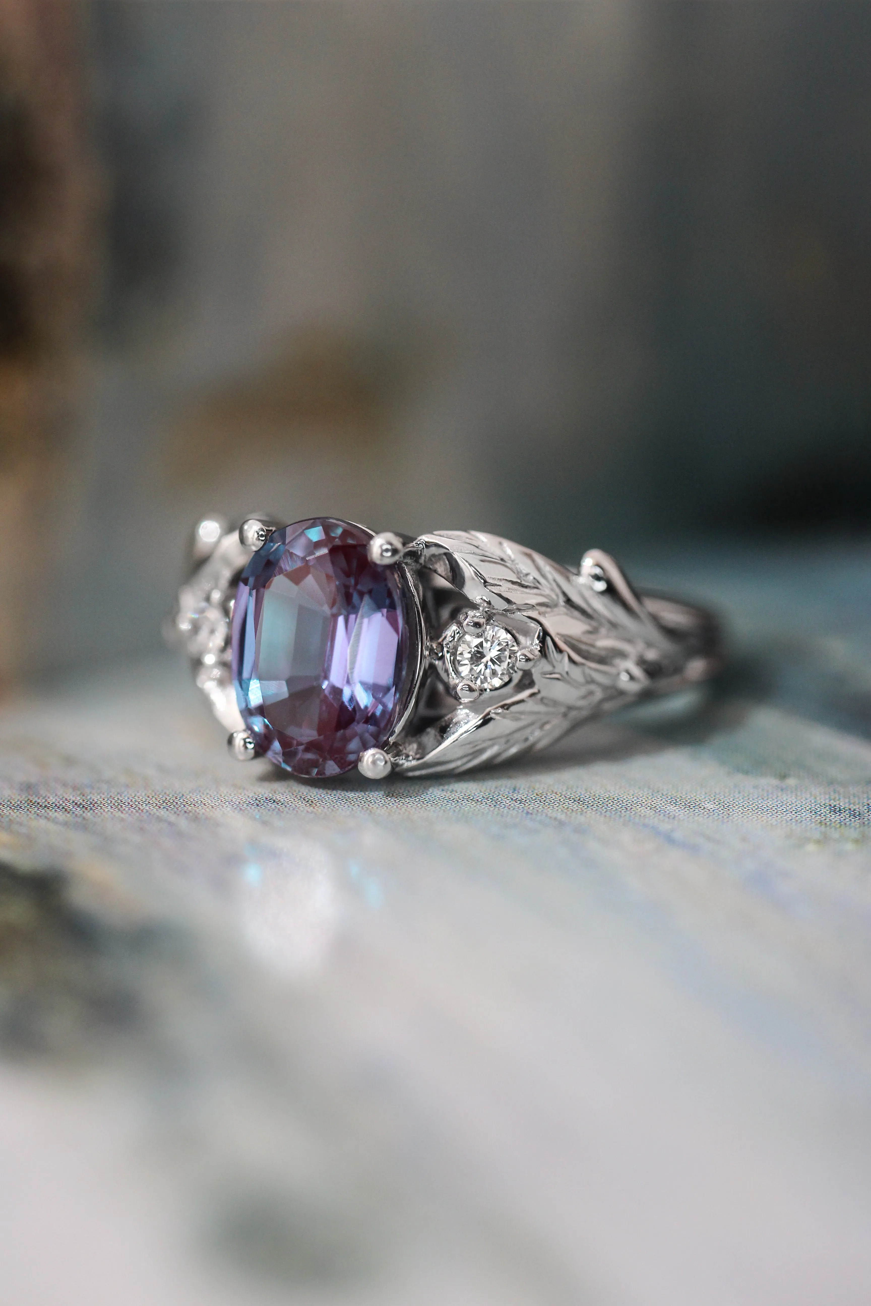 Oval alexandrite ring with diamonds, leaf engagement ring / Wisteria