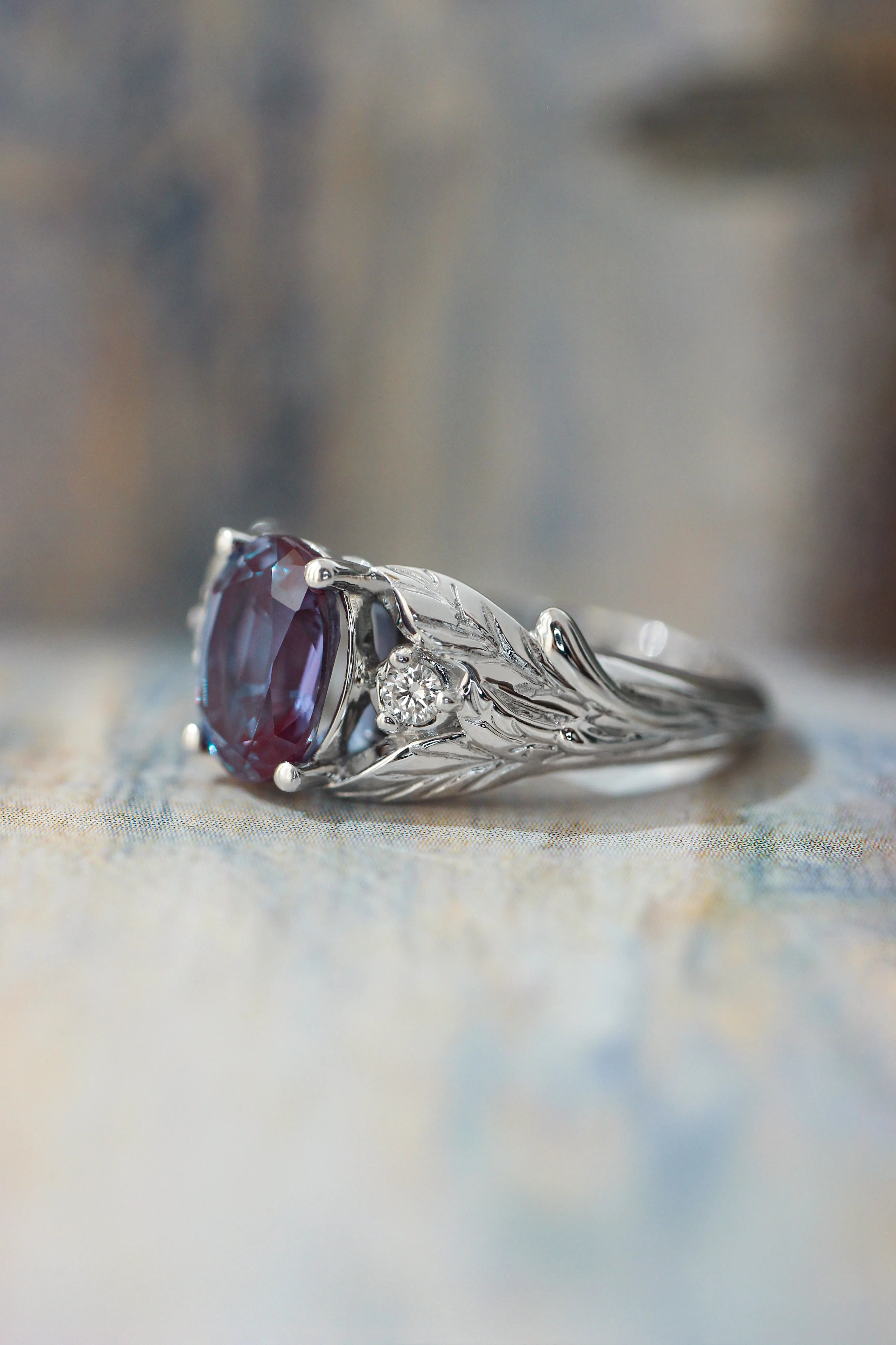 Oval alexandrite ring with diamonds, leaf engagement ring / Wisteria