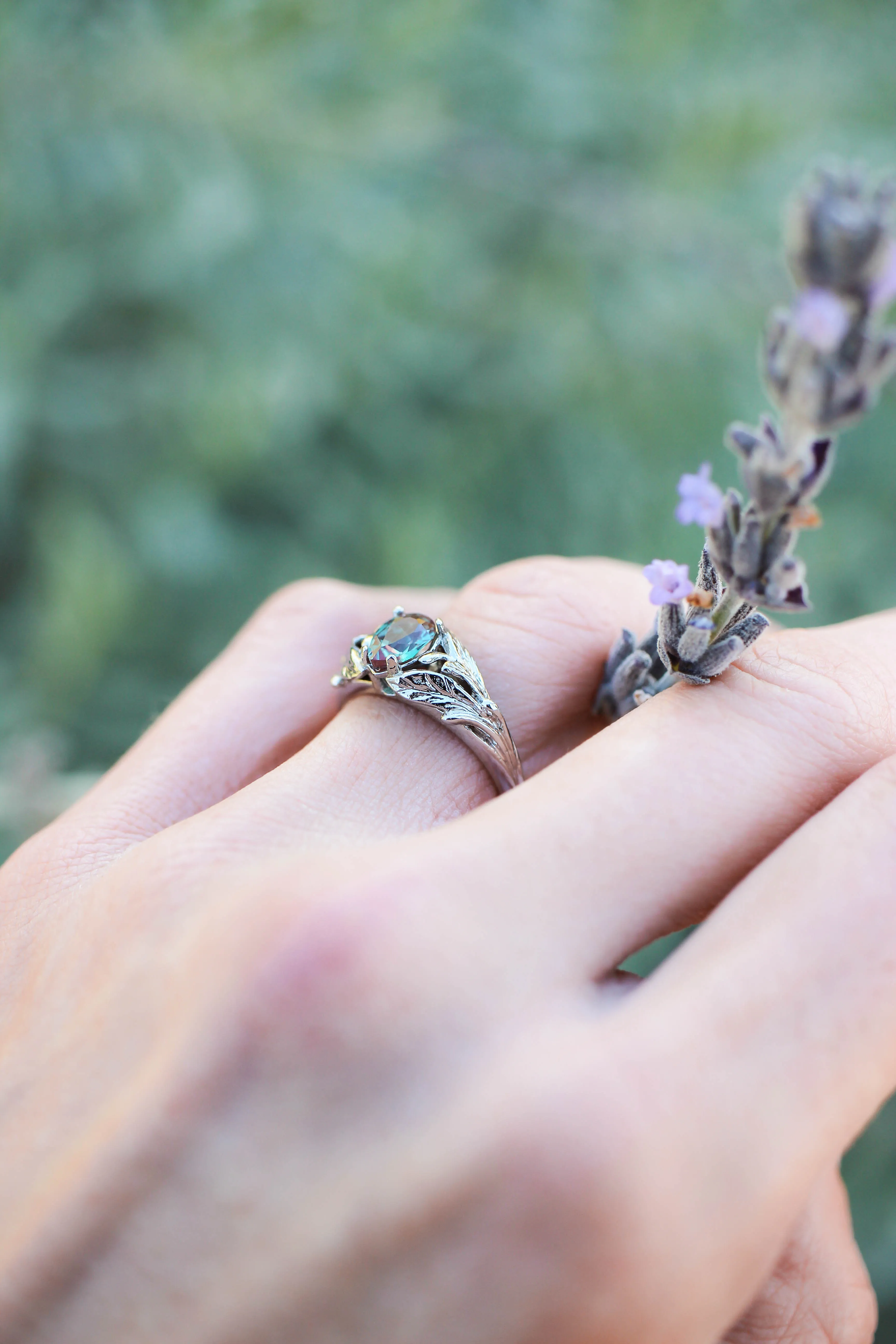 Pear alexandrite ring, gold leaves engagement ring / Wisteria