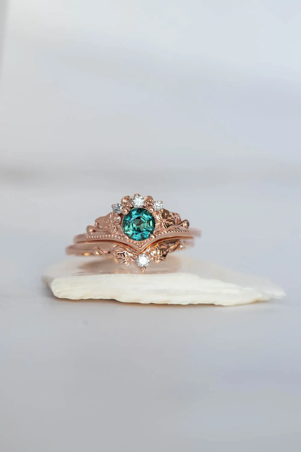 READY TO SHIP: Ariadne set in 14K rose gold, natural teal sapphire round cut 5 mm, diamonds, RING SIZE 7 US